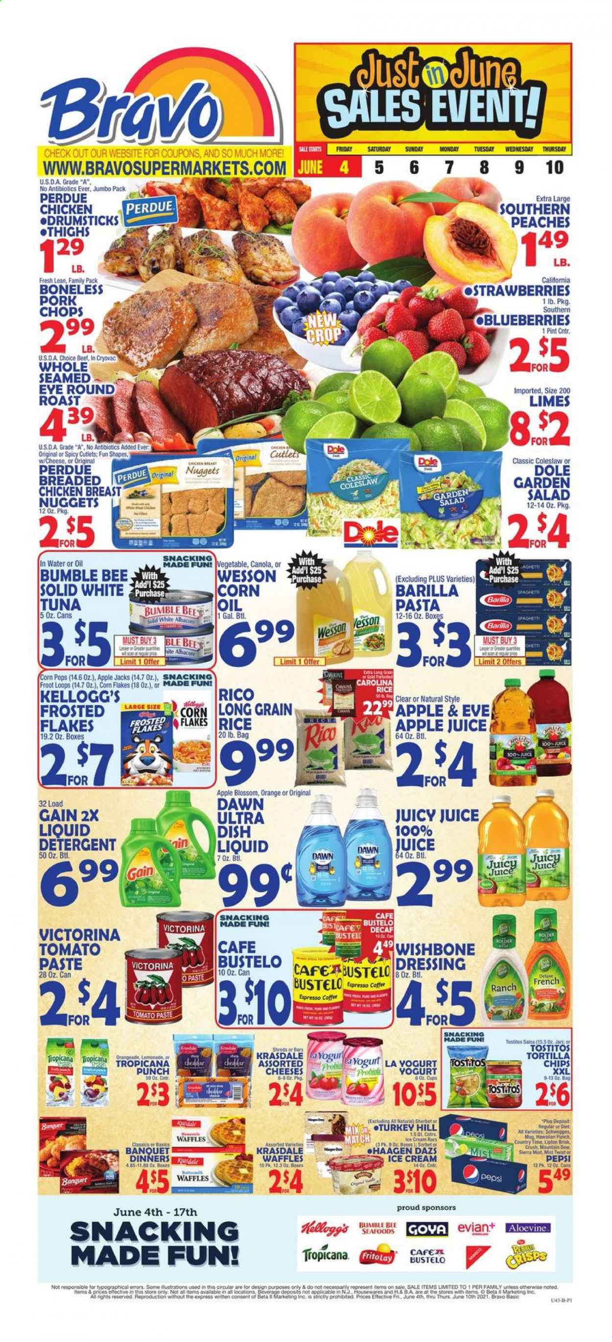thumbnail - Bravo Supermarkets Flyer - 06/04/2021 - 06/10/2021 - Sales products - waffles, salad, Dole, limes, oranges, tuna, coleslaw, spaghetti, nuggets, pasta, Bumble Bee, fried chicken, chicken nuggets, Barilla, Perdue®, Blossom, ice cream, ice cream bars, sherbet, Häagen-Dazs, Kellogg's, tortilla chips, chips, Frito-Lay, Tostitos, tomato paste, Goya, corn flakes, Frosted Flakes, Corn Pops, rice, dressing, salsa, apple juice, lemonade, Mountain Dew, Schweppes, Pepsi, juice, Lipton, Sierra Mist, Country Time, Evian, punch, beef meat, round roast, peaches. Page 1.
