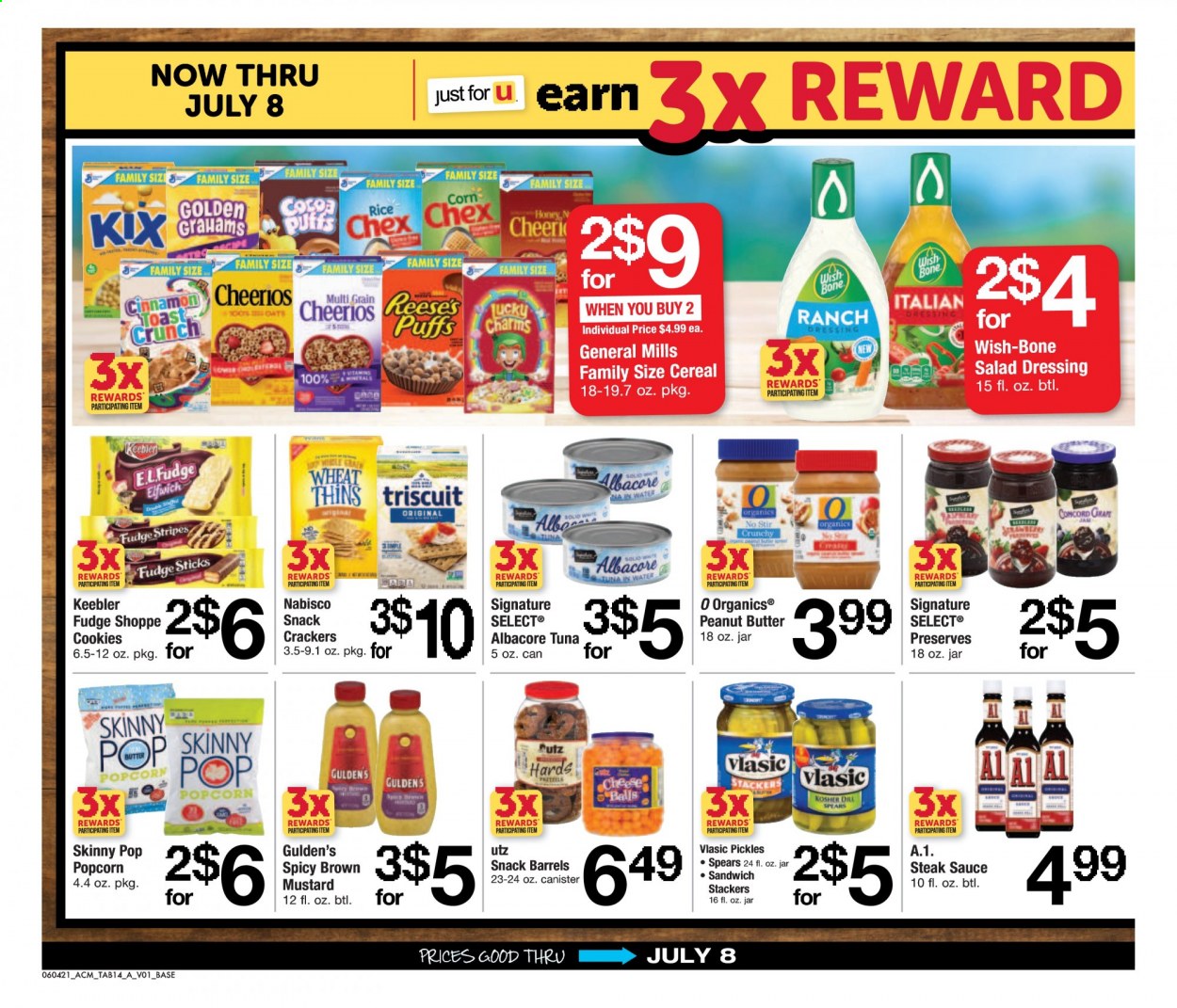 thumbnail - ACME Flyer - 06/04/2021 - 07/08/2021 - Sales products - puffs, corn, tuna, sandwich, sauce, ranch dressing, Reese's, cookies, fudge, snack, crackers, Keebler, Thins, popcorn, Skinny Pop, tuna in water, pickles, cereals, Cheerios, rice, dill, cinnamon, mustard, salad dressing, steak sauce, dressing, honey, fruit jam, peanut butter, steak. Page 14.