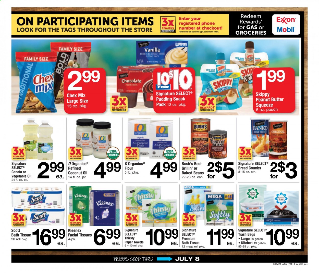 thumbnail - ACME Flyer - 06/04/2021 - 07/08/2021 - Sales products - Scott, breadcrumbs, panko breadcrumbs, beans, pudding, chocolate, Chex Mix, flour, sugar, baked beans, coconut oil, vegetable oil, oil, peanut butter, bath tissue, Kleenex, facial tissues, body lotion, trash bags, gallon, towel, bag. Page 15.
