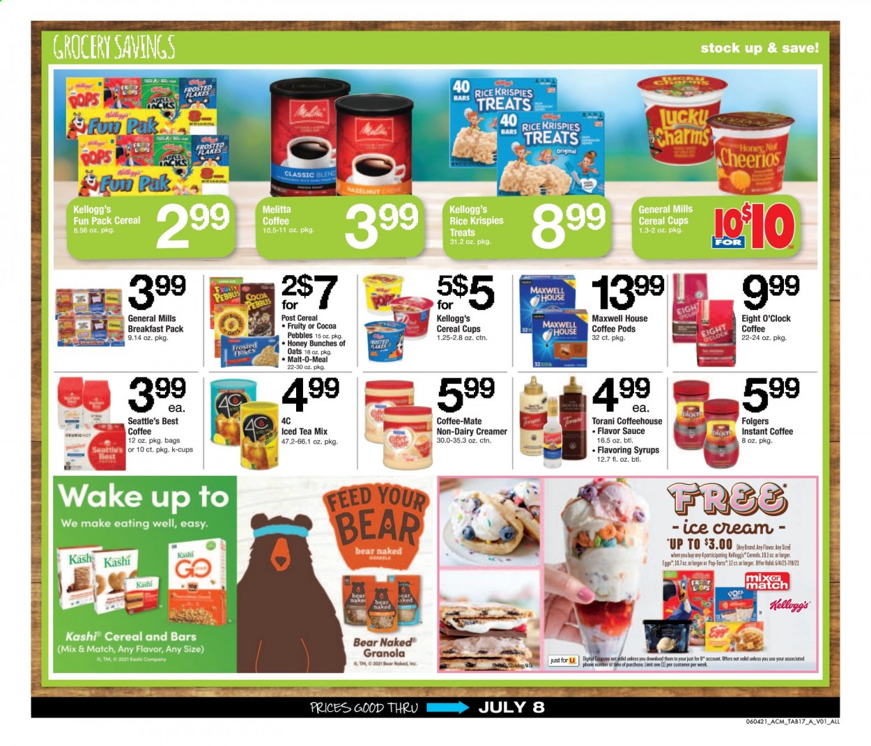 thumbnail - ACME Flyer - 06/04/2021 - 07/08/2021 - Sales products - sauce, Coffee-Mate, non dairy creamer, creamer, ice cream, Kellogg's, Pop-Tarts, cereals, granola, Cheerios, Rice Krispies, Frosted Flakes, ice tea, Maxwell House, coffee pods, instant coffee, Folgers, coffee capsules, K-Cups, Eight O'Clock, breakfast pack, bag. Page 17.