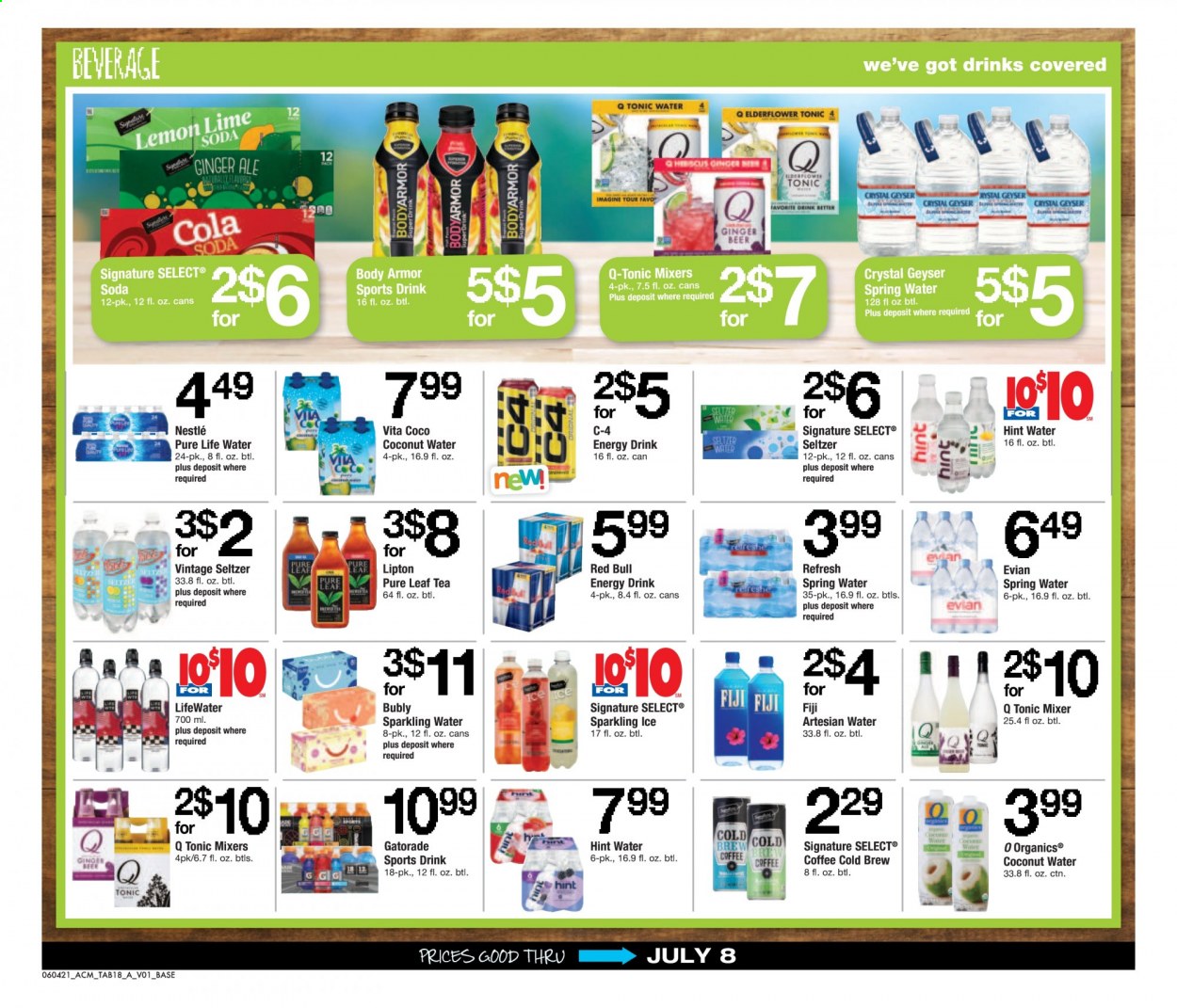 thumbnail - ACME Flyer - 06/04/2021 - 07/08/2021 - Sales products - Nestlé, ginger ale, soda, energy drink, Lipton, tonic, coconut water, Red Bull, Gatorade, seltzer water, spring water, sparkling water, Pure Life Water, Evian, tea, Pure Leaf, coffee, beer, ginger beer, mixer. Page 18.