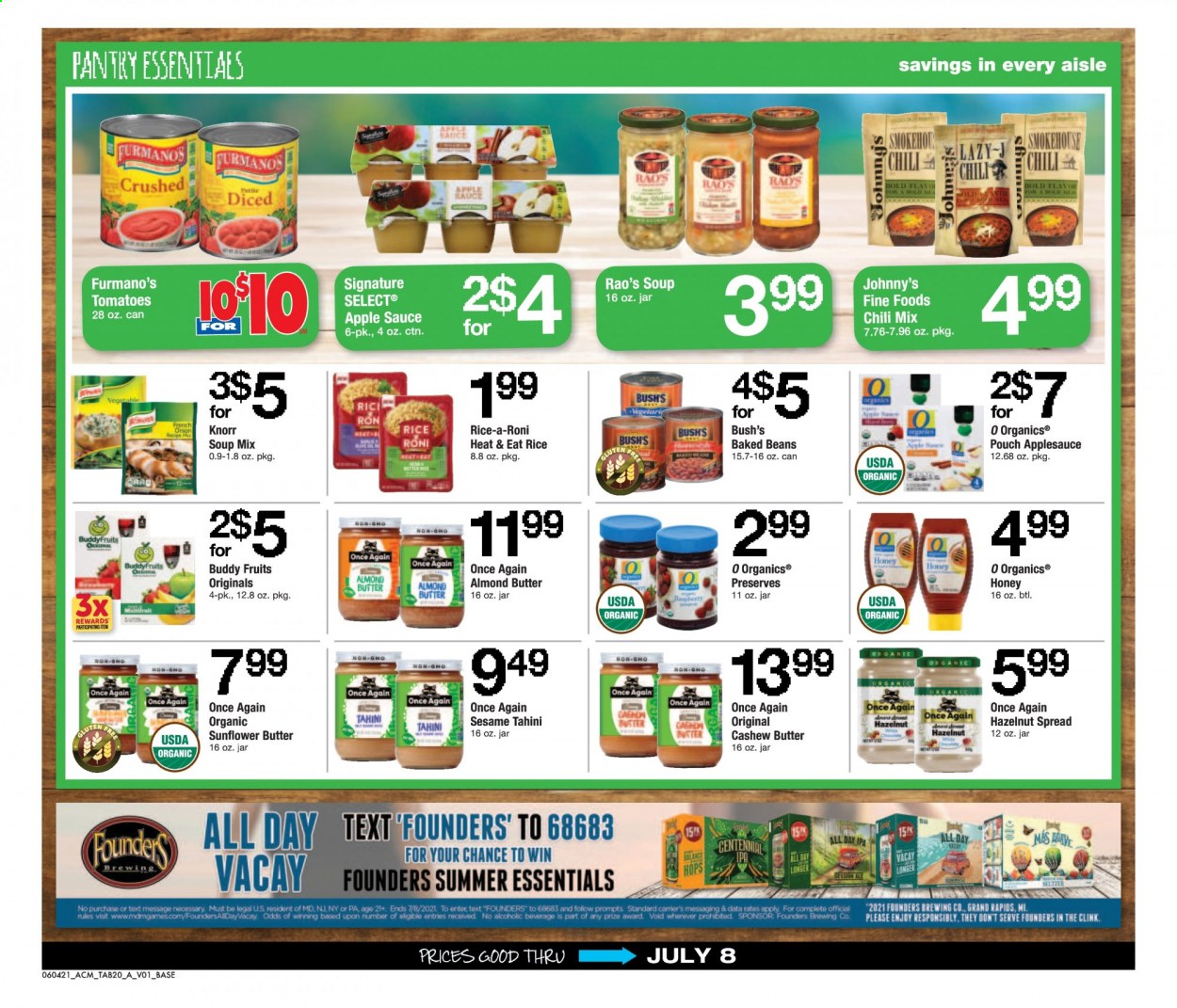 thumbnail - ACME Flyer - 06/04/2021 - 07/08/2021 - Sales products - beans, tomatoes, soup mix, soup, Knorr, sauce, almond butter, baked beans, rice, tahini, apple sauce, cashew cream, hazelnut spread, seltzer water, Ron Pelicano, IPA, Omo, pan. Page 20.