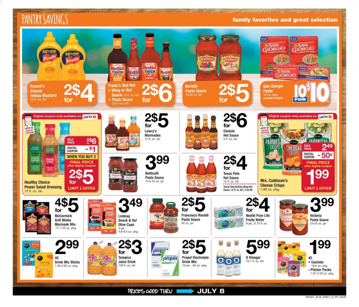 thumbnail - ACME Flyer - 06/04/2021 - 07/08/2021 - Sales products - snack, spaghetti, pasta sauce, sauce, Healthy Choice, Bertolli, cheddar, Nestlé, crisps, olives, mustard, salad dressing, hot sauce, dressing, marinade, wing sauce, vinegar, fruit drink, ice tea, fruit punch, electrolyte drink, flavored water, water, powder drink, canister, pitcher, cup, Victor. Page 21.