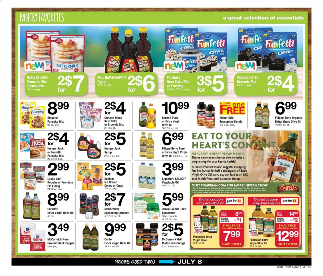 thumbnail - ACME Flyer - 06/04/2021 - 07/08/2021 - Sales products - brownie mix, cake mix, pancakes, Pillsbury, Bertolli, Oreo, buttermilk, ice cream, Keebler, Bisquick, frosting, pie filling, sweetener, spice, extra virgin olive oil, vegetable oil, olive oil, oil, syrup, cup. Page 23.