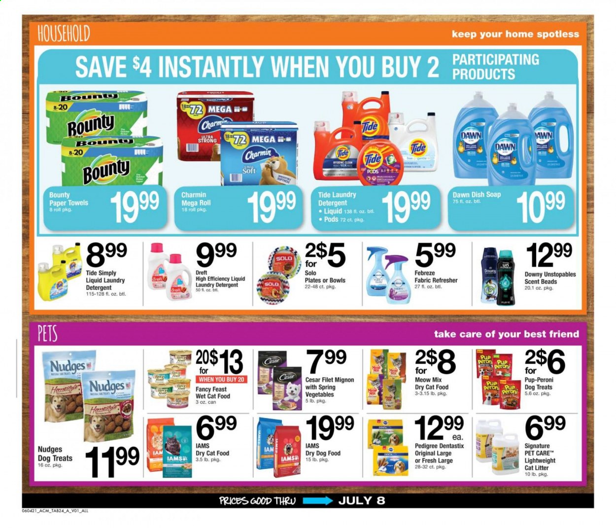 thumbnail - ACME Flyer - 06/04/2021 - 07/08/2021 - Sales products - Bounty, beef tenderloin, kitchen towels, paper towels, Charmin, detergent, Febreze, Tide, Unstopables, laundry detergent, soap, refresher, plate, cat litter, animal food, cat food, dog food, Dentastix, Pedigree, dry dog food, dry cat food, Pup-Peroni, Meow Mix, Fancy Feast, Iams, wet cat food. Page 24.