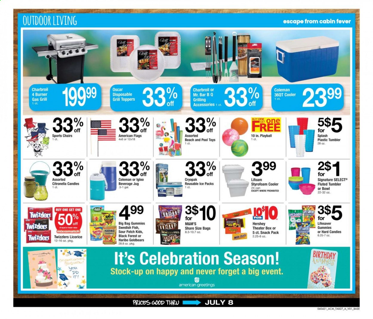 thumbnail - ACME Flyer - 06/04/2021 - 07/08/2021 - Sales products - Coleman, Reese's, Hershey's, Milk Duds, Haribo, M&M's, Celebration, Sour Patch, tumbler, candle, bag, toys. Page 27.
