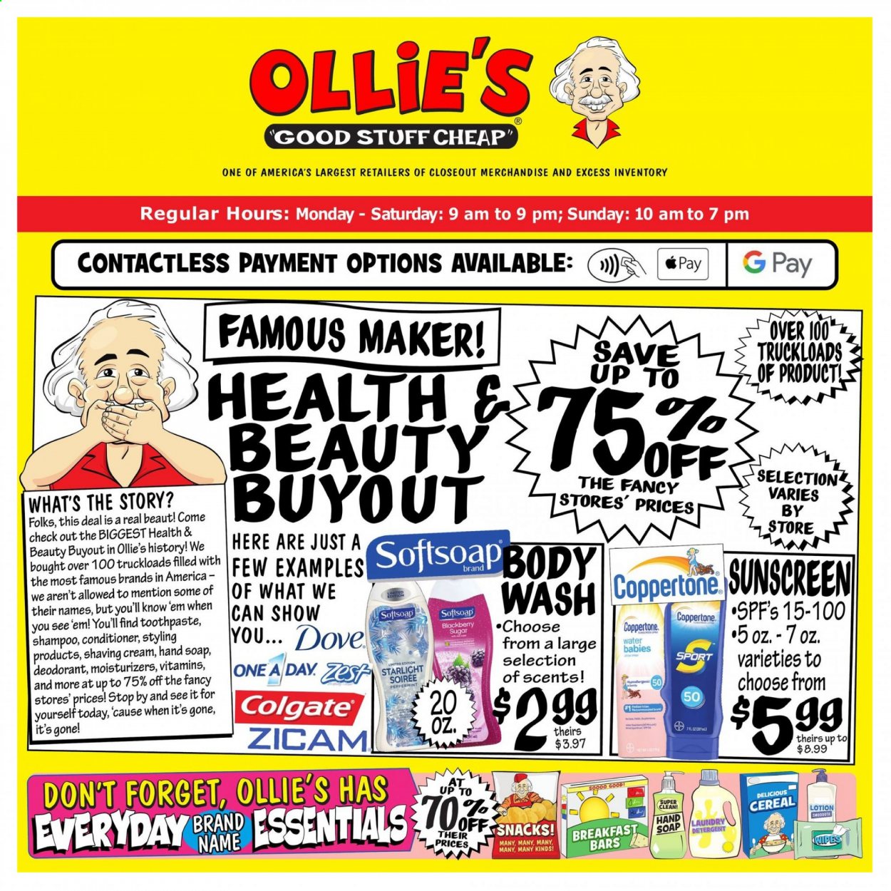 thumbnail - Ollie's Bargain Outlet Flyer - 06/03/2021 - 06/09/2021 - Sales products - Dove, shampoo, Softsoap, hand soap, soap, Colgate, toothpaste. Page 1.