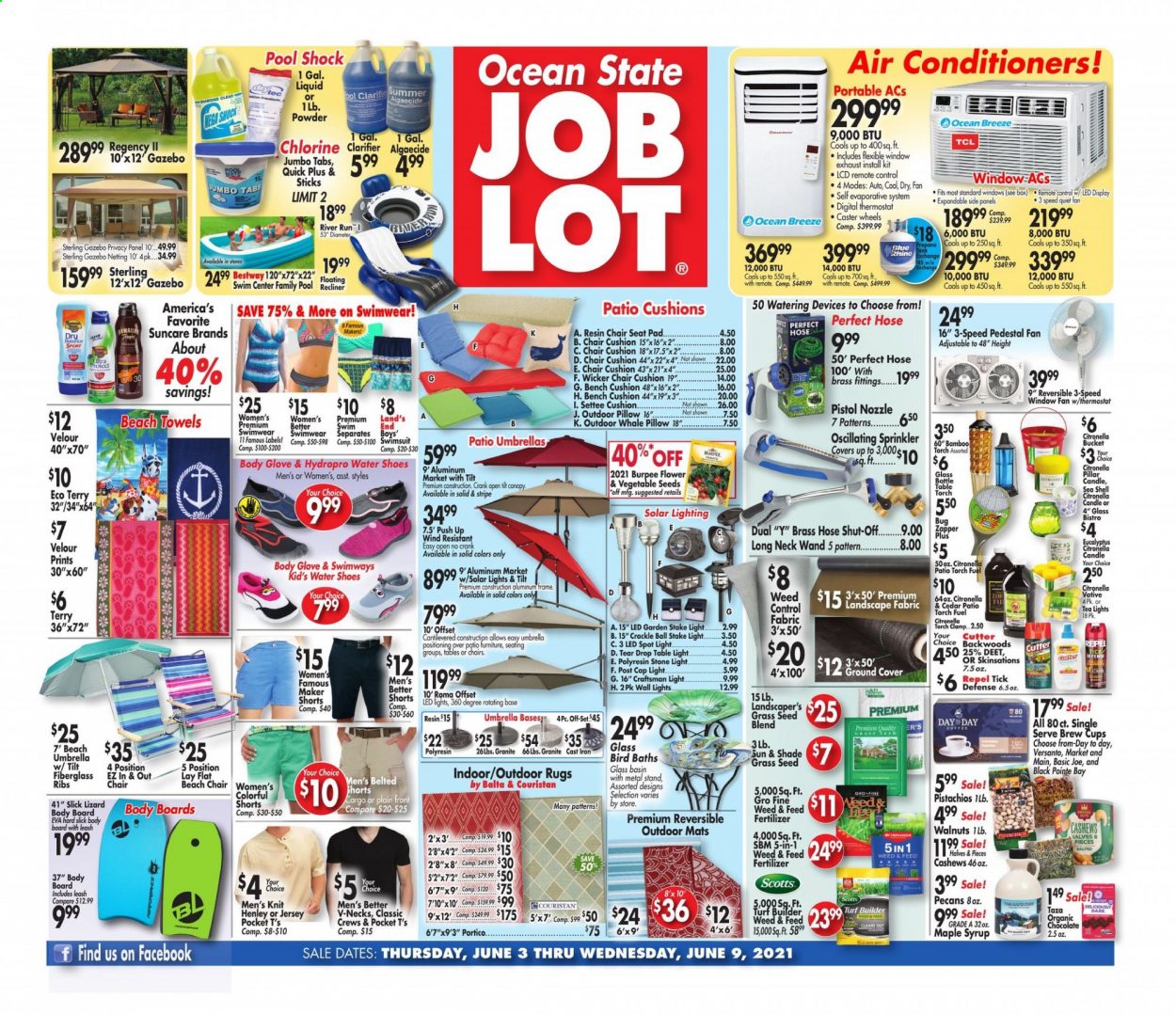 thumbnail - Ocean State Job Lot Flyer - 06/03/2021 - 06/09/2021 - Sales products - shoes, cup, candle, spotlight, bench cushion, cushion, pillow, beach towel, TCL, remote control, air conditioner, stand fan, window fan, bench, shorts, jersey, gloves, umbrella, swimming suit, torch, pistol, LED light, rug, Craftsman, gazebo, pool, plant seeds, fertilizer, turf builder, garden stake, grass seed, Shell. Page 1.