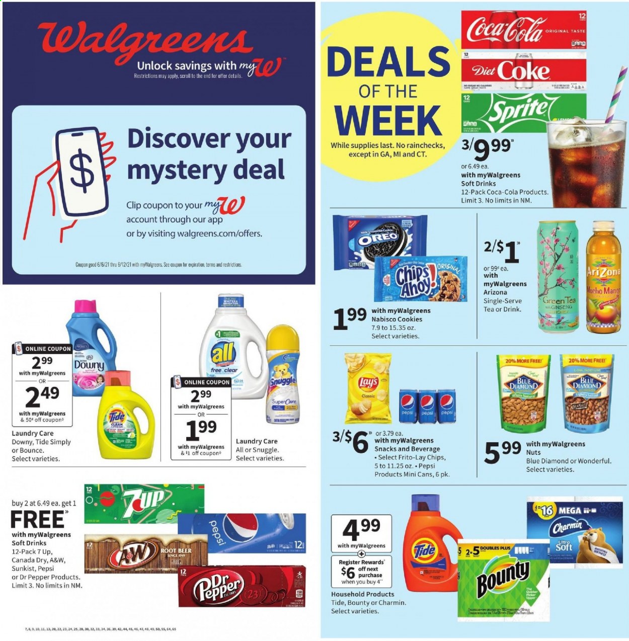 thumbnail - Walgreens Flyer - 06/06/2021 - 06/12/2021 - Sales products - milk, Oreo, cookies, snack, Bounty, chips, Lay’s, Frito-Lay, Blue Diamond, Canada Dry, Coca-Cola, Sprite, Pepsi, Dr. Pepper, Diet Coke, soft drink, 7UP, AriZona, A&W, green tea, tea, Charmin, Snuggle, Tide, Bounce, Downy Laundry. Page 1.