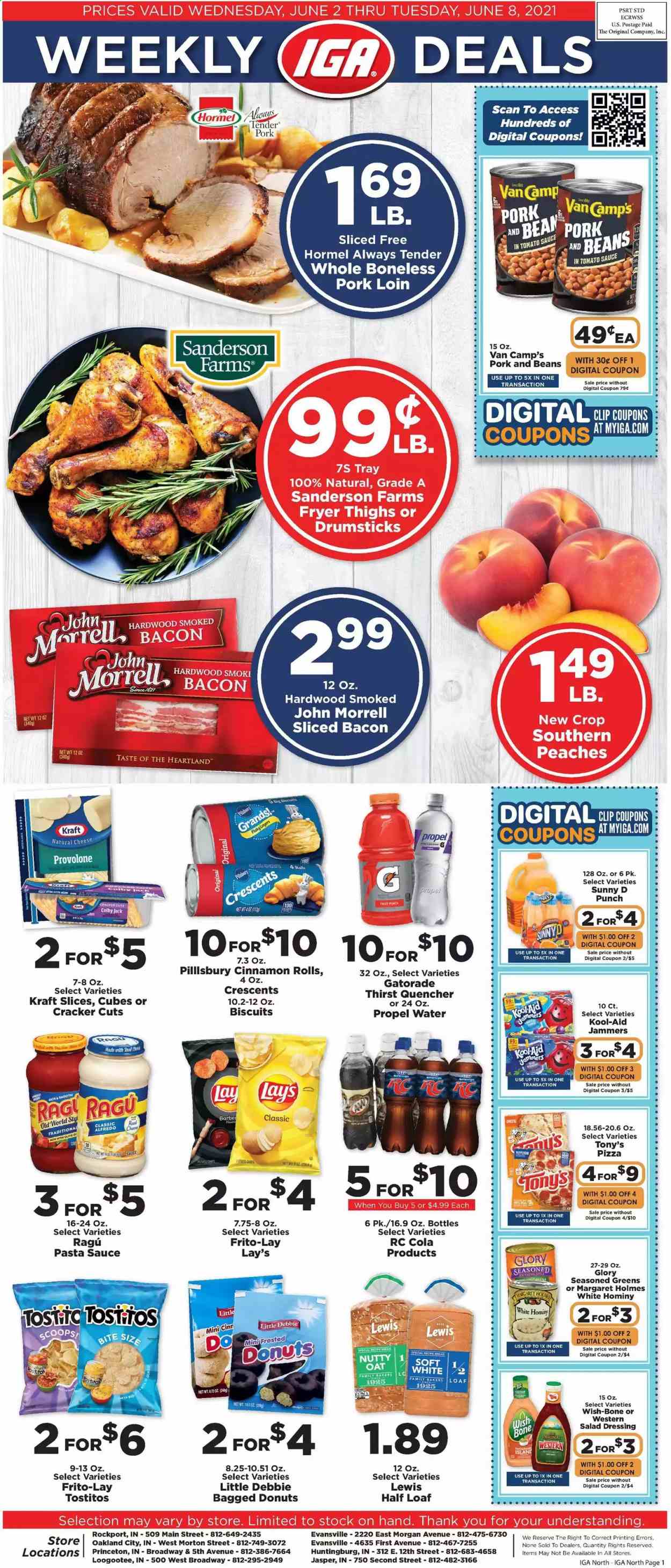 thumbnail - IGA Flyer - 06/02/2021 - 06/08/2021 - Sales products - bread, cinnamon roll, donut, beans, hake, pizza, pasta sauce, Pillsbury, Kraft®, Hormel, ragú pasta, bacon, Colby cheese, Provolone, crackers, biscuit, Lay’s, Heartland, Frito-Lay, Tostitos, oats, salad dressing, dressing, ragu, Gatorade, pork loin, pork meat, tray, cup, Bakers, peaches. Page 1.