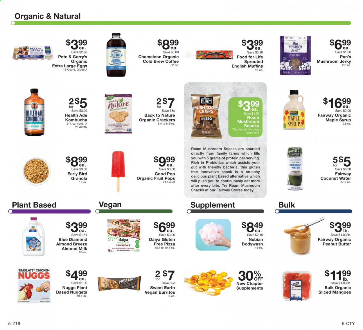 thumbnail - Fairway Market Flyer - 06/04/2021 - 06/10/2021 - Sales products - english muffins, mango, pizza, nuggets, burrito, jerky, almond milk, Almond Breeze, large eggs, crackers, granola, maple syrup, peanut butter, syrup, Blue Diamond, coconut water, kombucha, coffee. Page 5.