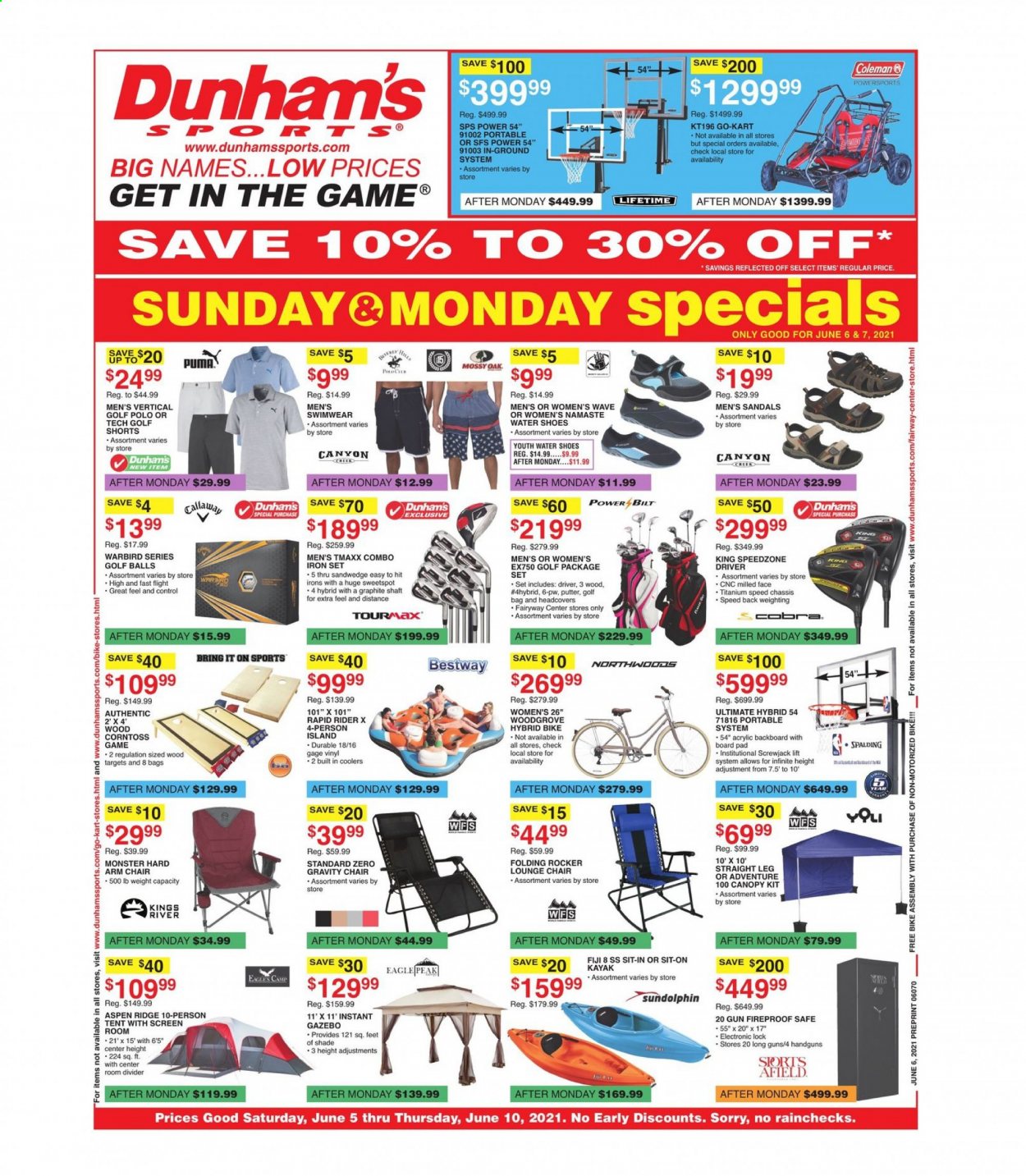 thumbnail - Dunham's Sports Flyer - 06/05/2021 - 06/10/2021 - Sales products - Callaway, sandals, shoes, Puma, Coleman, shorts, Spalding, swimming suit, tent, gun, kayak, golf balls, golf iron set, golf bag. Page 1.