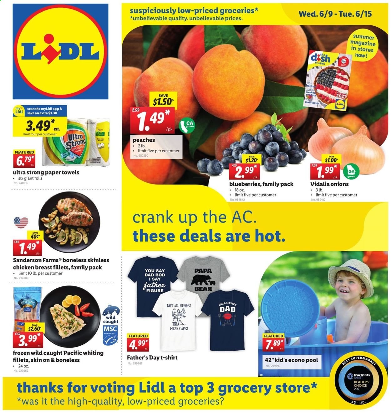 thumbnail - Lidl Flyer - 06/09/2021 - 06/15/2021 - Sales products - onion, blueberries, whiting fillets, whiting, chicken breasts, kitchen towels, paper towels, t-shirt, pool, peaches. Page 1.