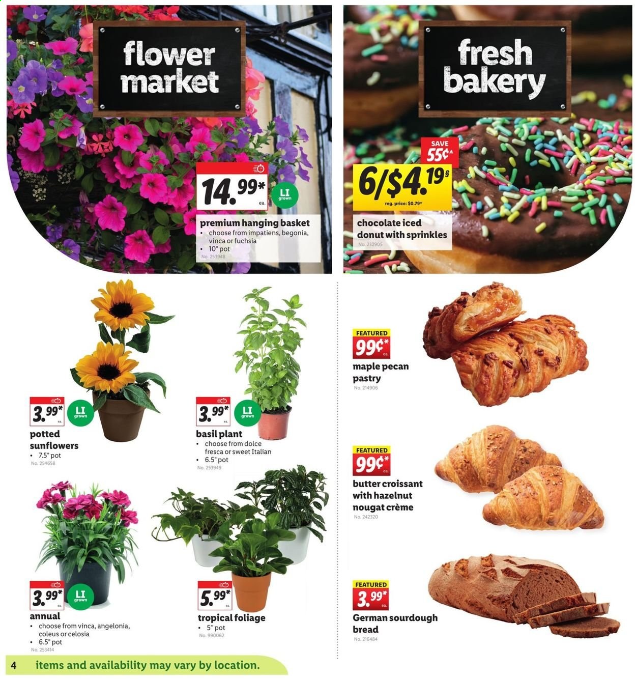 thumbnail - Lidl Flyer - 06/09/2021 - 06/15/2021 - Sales products - bread, croissant, sourdough bread, maple pecan pastry, donut, butter, chocolate, nougat, esponja, basket, begonia. Page 4.