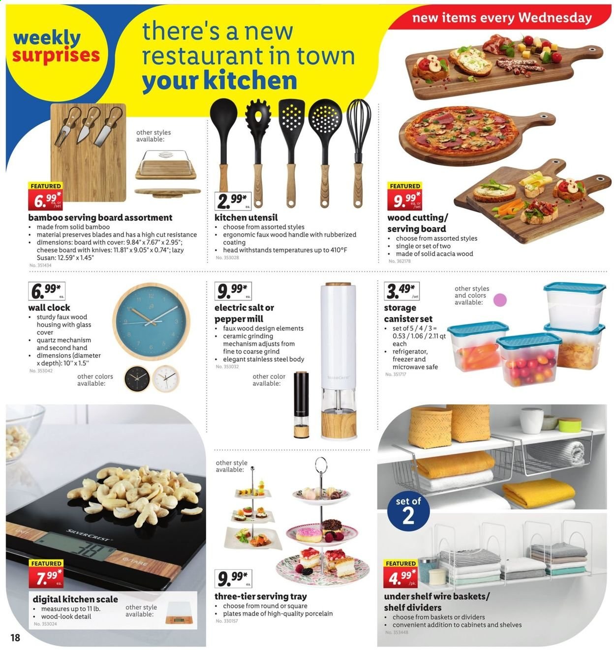 thumbnail - Lidl Flyer - 06/09/2021 - 06/15/2021 - Sales products - scale, cheese, salt, pepper, Crest, basket, clock, canister, knife, tray, plate, kitchen scale, shelves, car battery. Page 18.