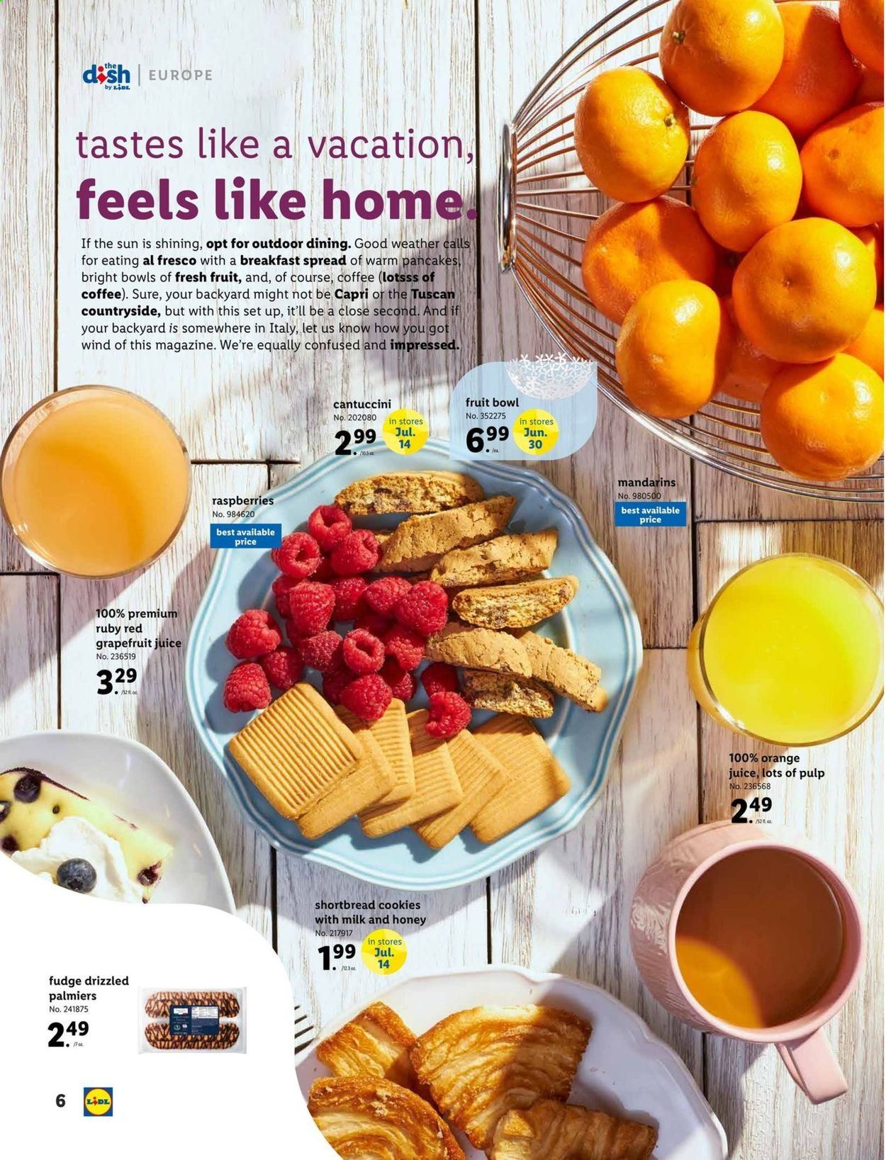 thumbnail - Lidl Flyer - 06/02/2021 - 06/29/2021 - Sales products - mandarines, raspberries, pancakes, milk, cookies, fudge, honey, orange juice, juice, coffee, bowl. Page 6.
