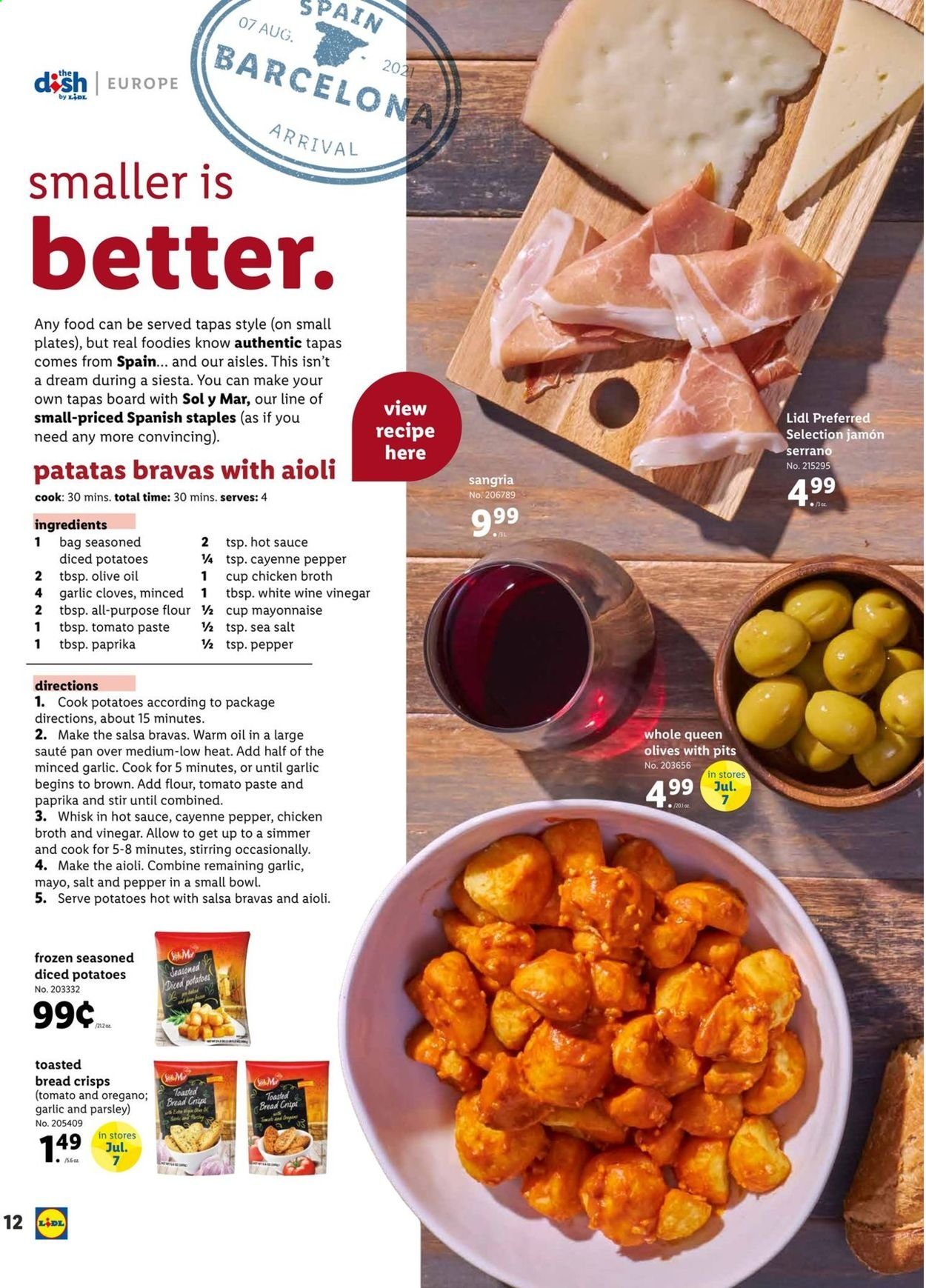 thumbnail - Lidl Flyer - 06/02/2021 - 06/29/2021 - Sales products - tostadas, potatoes, parsley, diced potatoes, flour, chicken broth, sea salt, broth, tomato paste, olives, pepper, cloves, hot sauce, salsa, vinegar, wine vinegar, olive oil, Sol, plate, pan, cup. Page 12.