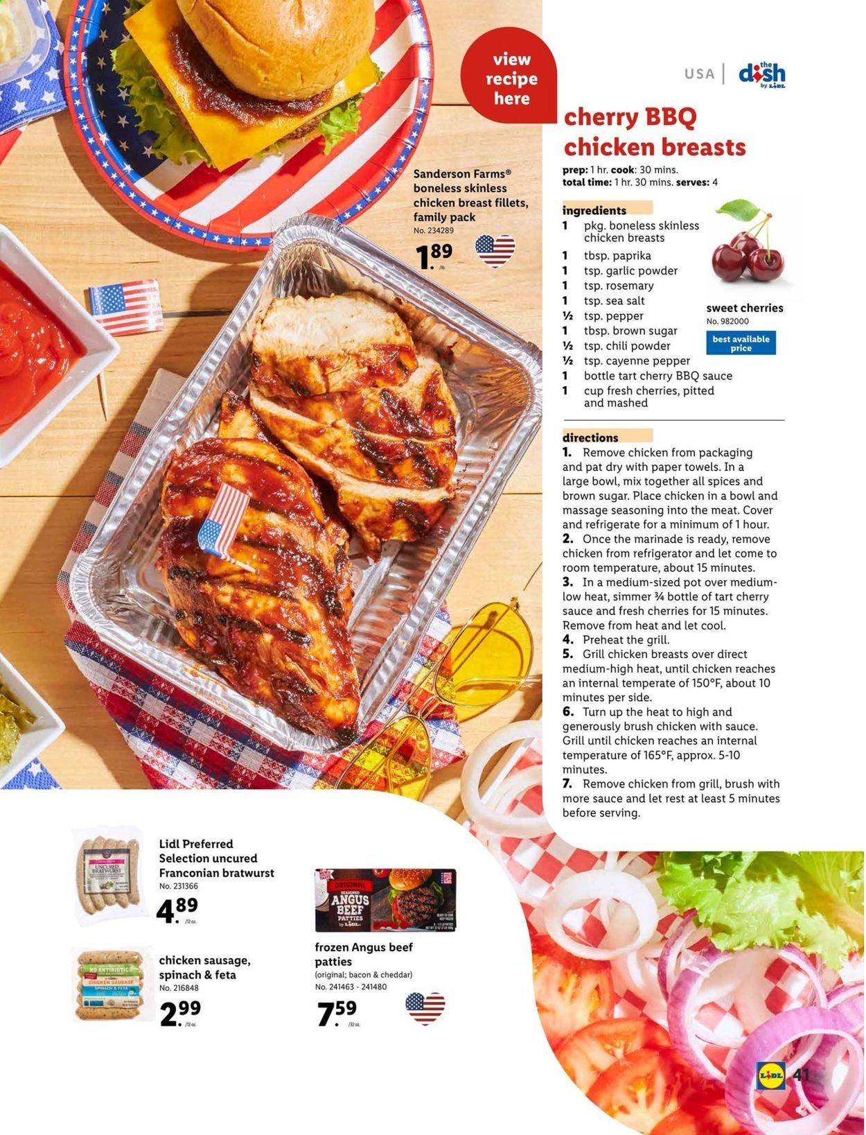 thumbnail - Lidl Flyer - 06/02/2021 - 06/29/2021 - Sales products - bacon, bratwurst, sausage, chicken sausage, cane sugar, sea salt, rosemary, pepper, spice, garlic powder, BBQ sauce, marinade, chicken breasts, beef meat, kitchen towels, paper towels, brush, pot, grill. Page 41.