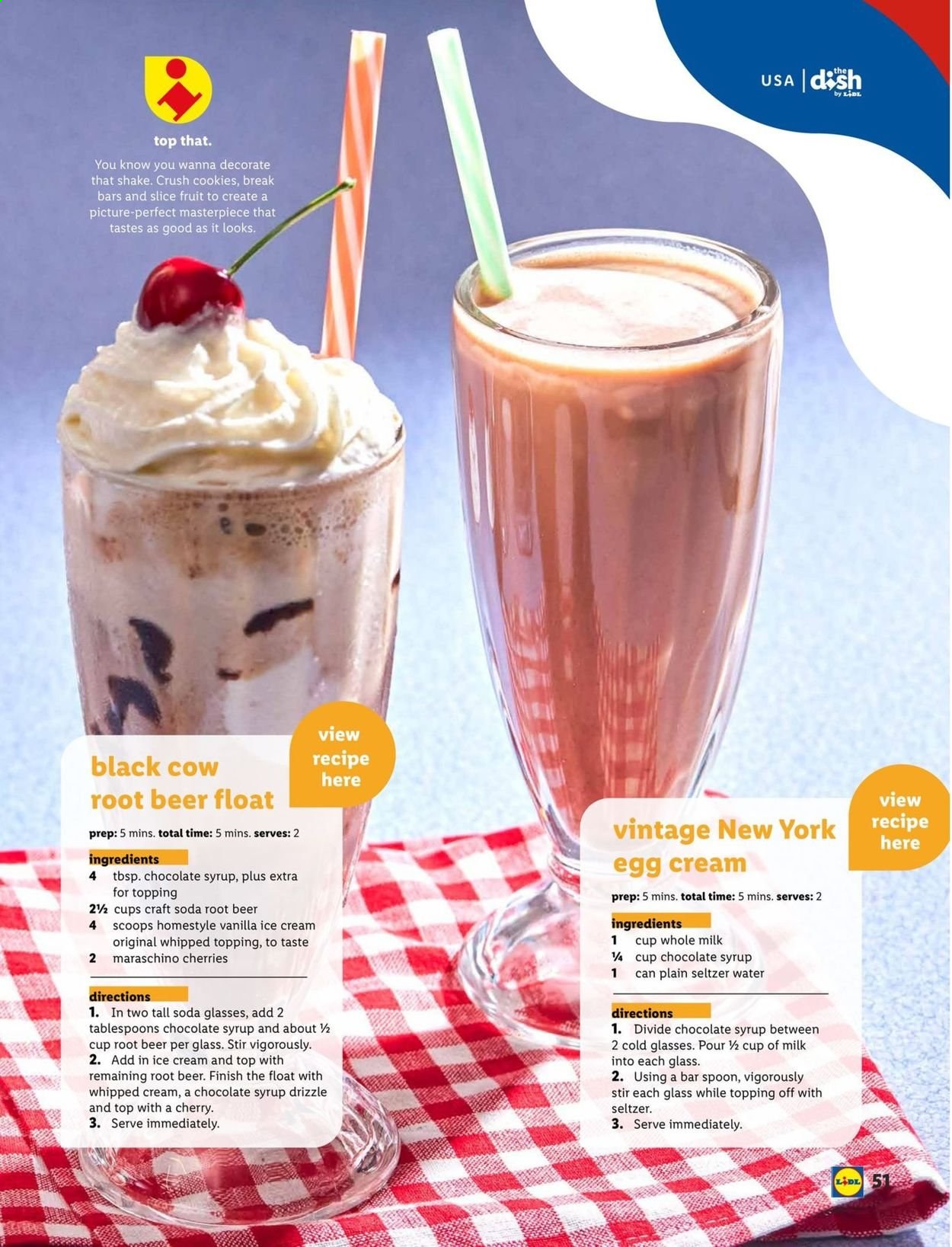 thumbnail - Lidl Flyer - 06/02/2021 - 06/29/2021 - Sales products - shake, eggs, whipped cream, ice cream, cookies, topping, Maraschino cherries, chocolate syrup, soda, seltzer water, beer, spoon. Page 51.