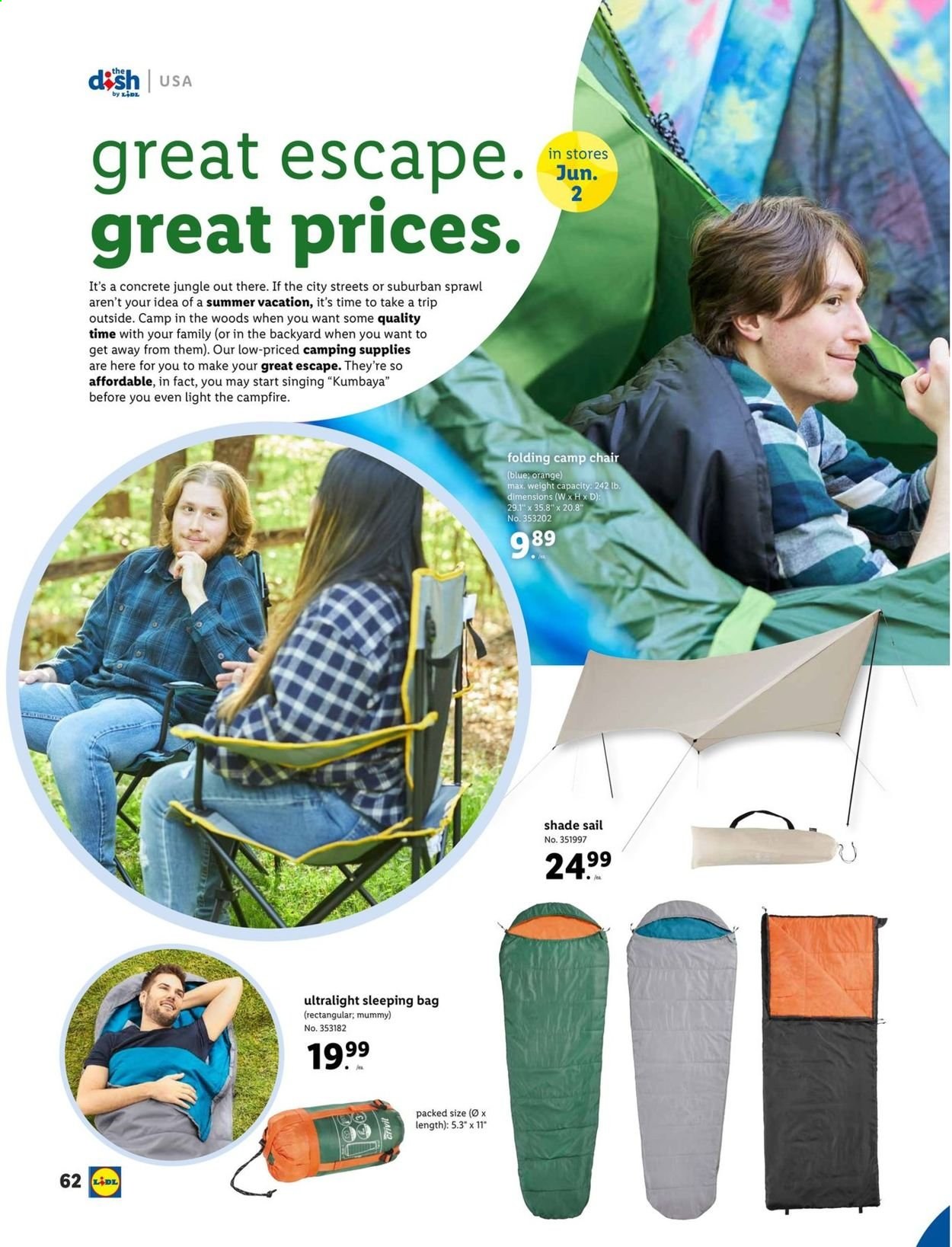 thumbnail - Lidl Flyer - 06/02/2021 - 06/29/2021 - Sales products - oranges, lid, Campfire, chair, sleeping bag. Page 62.