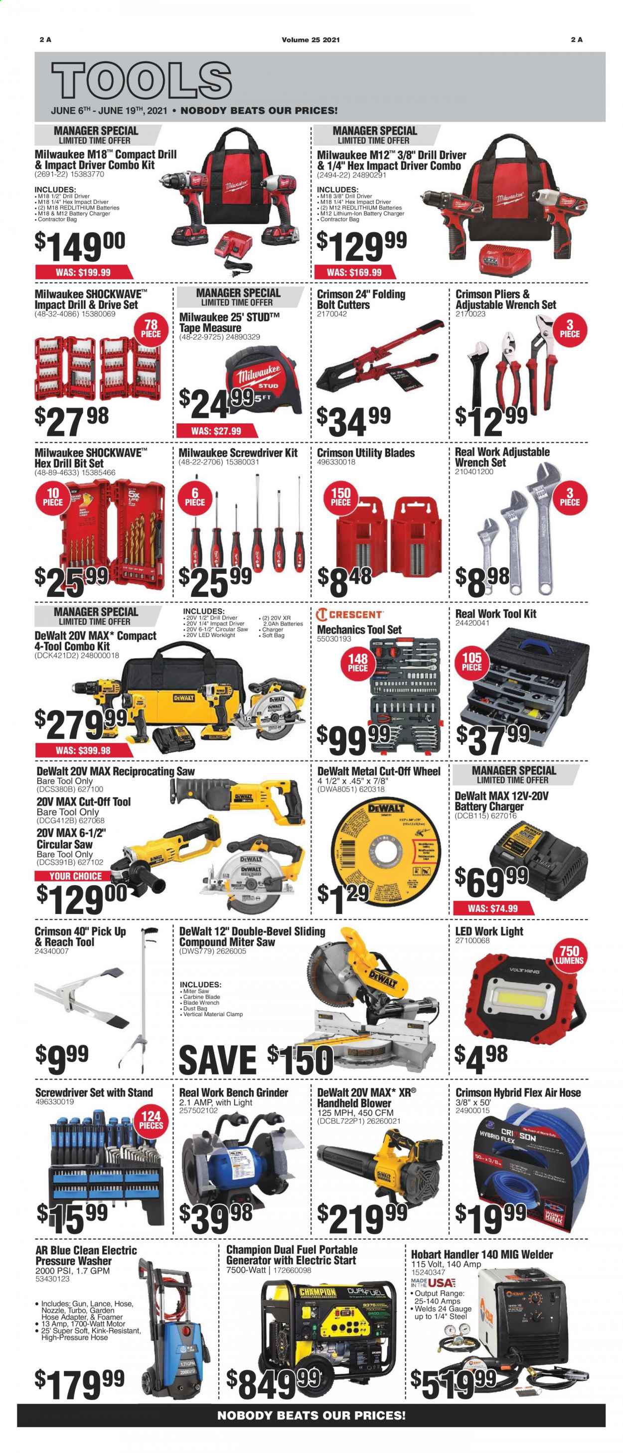 thumbnail - Rural King Flyer - 06/06/2021 - 06/19/2021 - Sales products - grinder, battery charger, bench, bag, carbine, gun, work light, Milwaukee, DeWALT, impact driver, drill bit set, circular saw, saw, reciprocating saw, screwdriver, pliers, wrench, combo kit, tool set, blower, wrench set, screwdriver set, measuring tape, electric pressure washer, mechanic's tools, inverter welder, pressure washer, generator, air hose, welder, garden hose. Page 2.