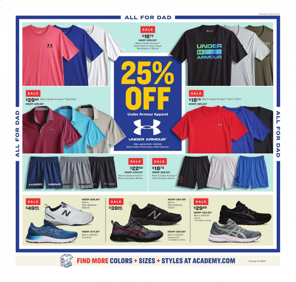 thumbnail - Academy Sports + Outdoors Flyer - 06/07/2021 - 06/20/2021 - Sales products - Asics, New Balance, Under Armour, shorts, t-shirt, jolt. Page 11.