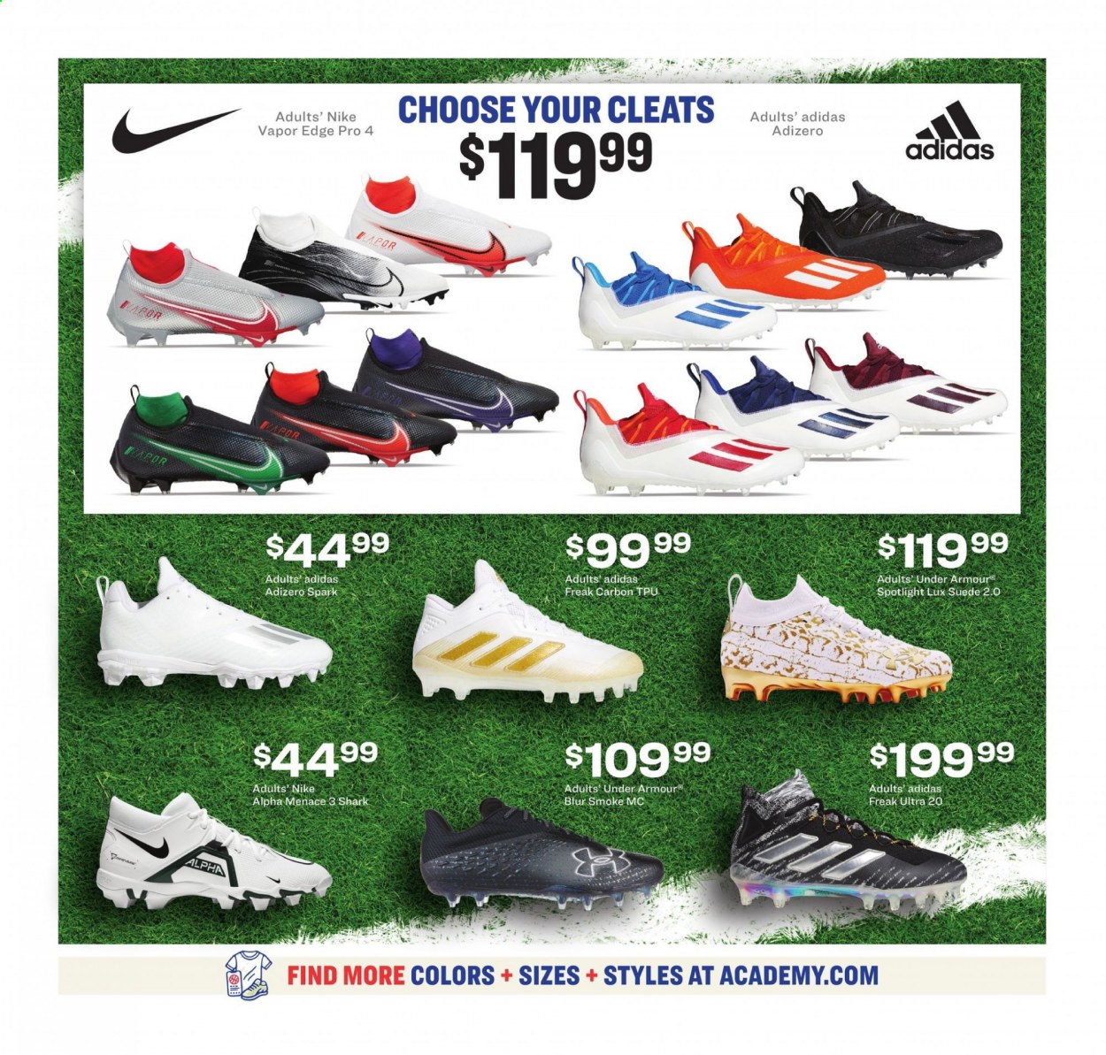 thumbnail - Academy Sports + Outdoors Flyer - 06/07/2021 - 06/20/2021 - Sales products - Adidas, Under Armour, Nike, cleats. Page 22.