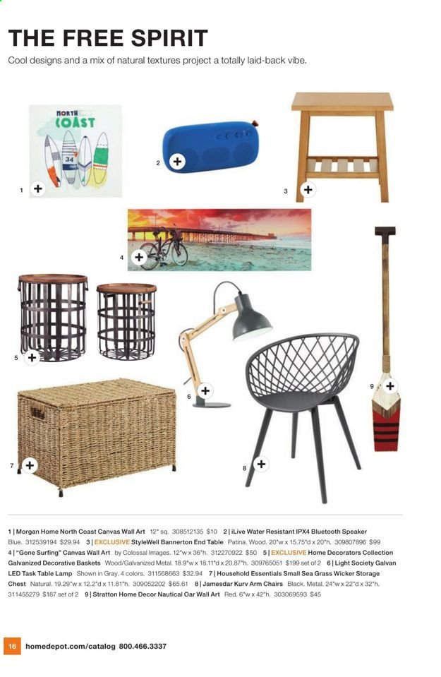 thumbnail - The Home Depot Flyer - 06/07/2021 - 09/08/2021 - Sales products - basket, speaker, bluetooth speaker, chair, end table, lamp, table lamp. Page 14.