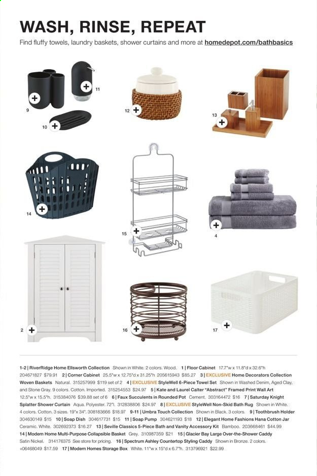 thumbnail - The Home Depot Flyer - 06/07/2021 - 09/08/2021 - Sales products - basket, shower caddy, shower curtain, soap dish, toothbrush holder, pot, curtain, towel, cabinet, storage box, vanity, rug. Page 39.