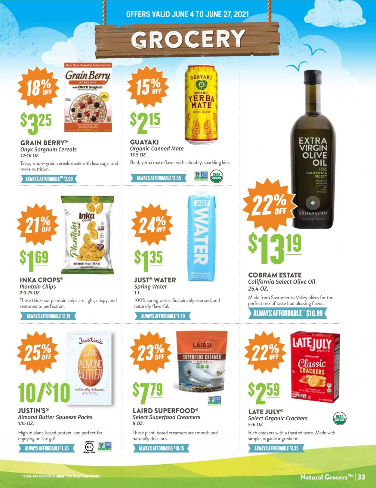 thumbnail - Natural Grocers Flyer - 06/04/2021 - 06/27/2021 - Sales products - almond butter, crackers, chips, olives, cereals, olive oil, oil, spring water, Go!. Page 33.