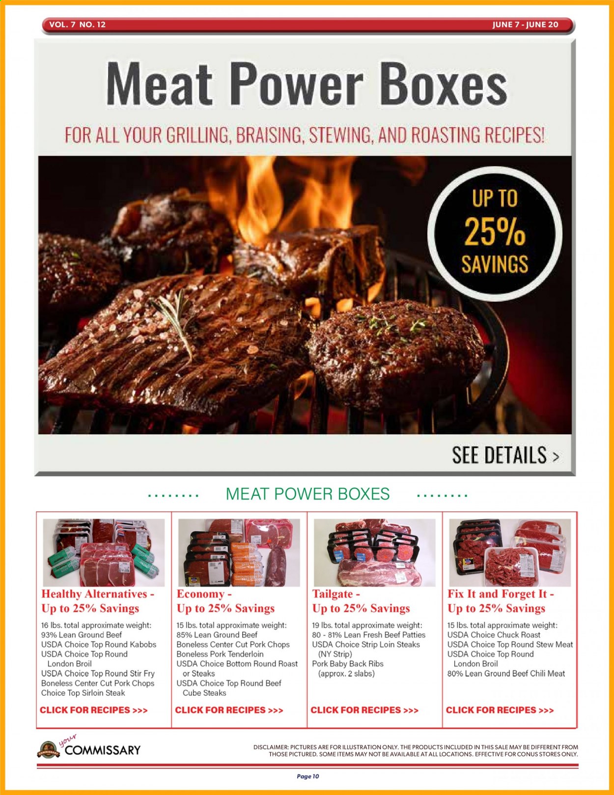 thumbnail - Commissary Flyer - 06/07/2021 - 06/20/2021 - Sales products - stew meat, beef meat, beef sirloin, ground beef, steak, round roast, sirloin steak, chuck roast, pork chops, pork meat, pork ribs, pork tenderloin, pork back ribs. Page 10.