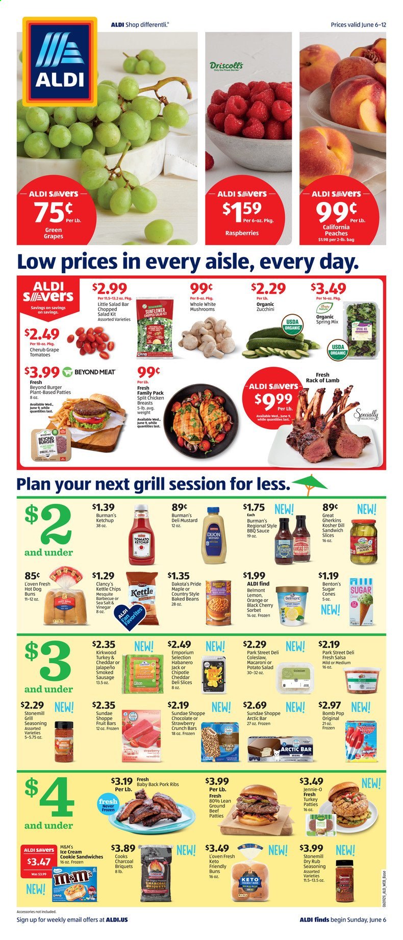 thumbnail - ALDI Flyer - 06/06/2021 - 06/12/2021 - Sales products - mushrooms, buns, beans, tomatoes, zucchini, salad, jalapeño, chopped salad, raspberries, cherries, oranges, coleslaw, sandwich, macaroni, hamburger, sauce, sausage, smoked sausage, potato salad, sandwich slices, ice cream, M&M's, sugar, baked beans, dill, spice, BBQ sauce, mustard, ketchup, salsa, chicken breasts, pork meat, pork ribs, pork back ribs, lamb meat, rack of lamb, kettle, charcoal, grill, briquettes, sunflower, peaches. Page 1.
