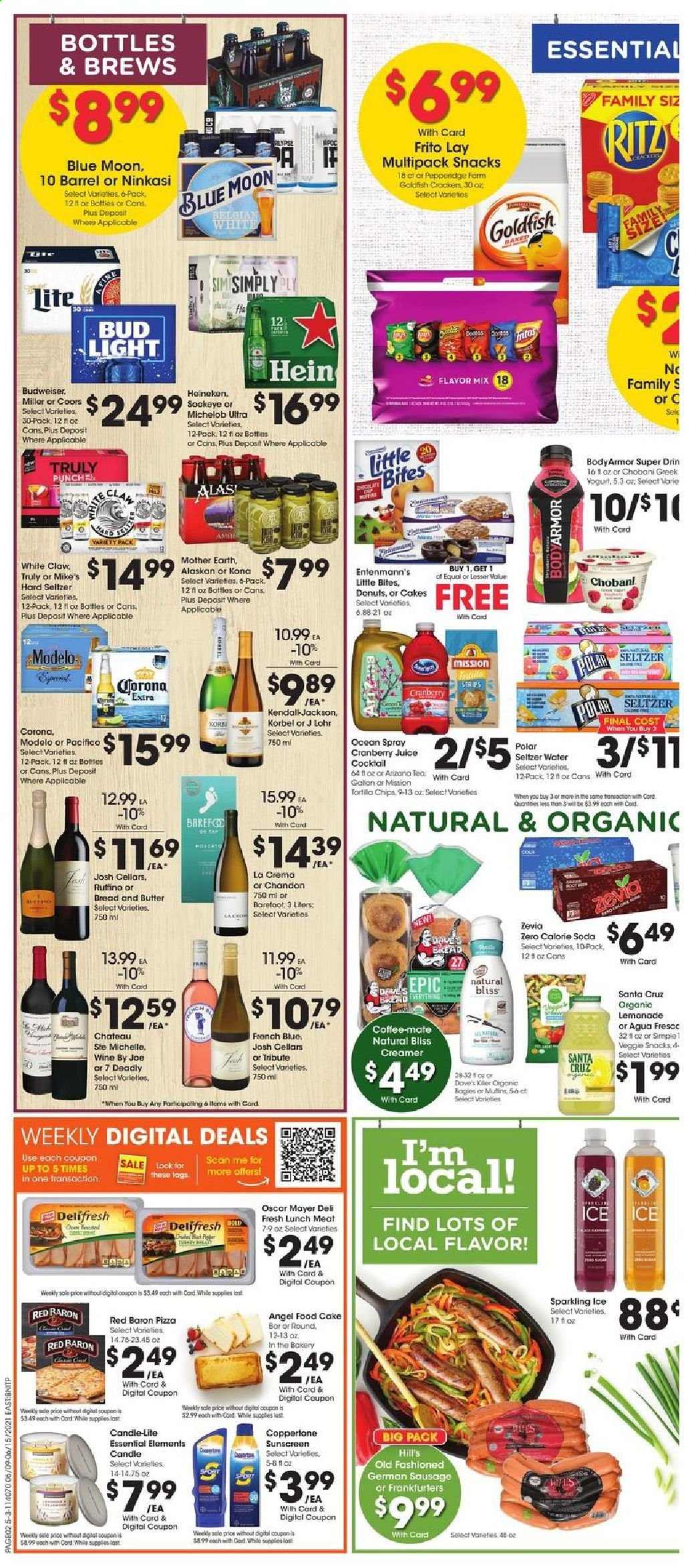 thumbnail - Fred Meyer Flyer - 06/09/2021 - 06/15/2021 - Sales products - Budweiser, Coors, Blue Moon, Michelob, bread, donut, Angel Food, Entenmann's, pizza, Oscar Mayer, sausage, lunch meat, greek yoghurt, yoghurt, Chobani, Coffee-Mate, butter, creamer, strips, Red Baron, snack, Mother Earth, Little Bites, RITZ, chips, Goldfish, cranberry juice, lemonade, soda, juice, tea, wine, White Claw, Hard Seltzer, TRULY, beer, Bud Light, Corona Extra, Heineken, Miller, Modelo, Dove, candle, Hill's. Page 2.