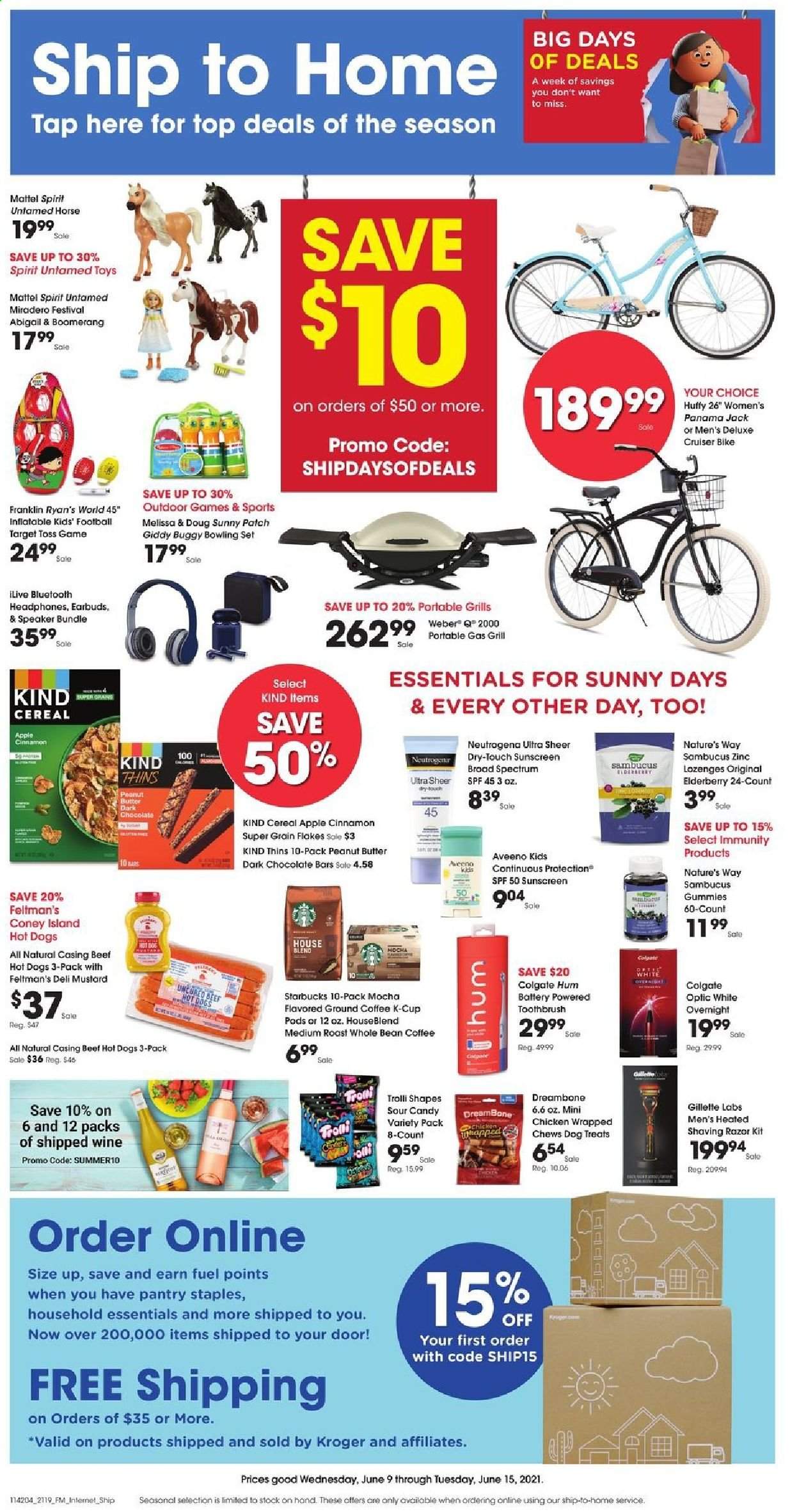 thumbnail - Fred Meyer Flyer - 06/09/2021 - 06/15/2021 - Sales products - hot dog, Trolli, chewing gum, dark chocolate, chocolate bar, Thins, cereals, cinnamon, mustard, peanut butter, coffee, Starbucks, ground coffee, coffee capsules, K-Cups, wine, Aveeno, Colgate, toothbrush, Neutrogena, Gillette, razor, Target, speaker, headphones, earbuds, Mattel, Toss game, toys, cruiser, buggy, zinc. Page 14.