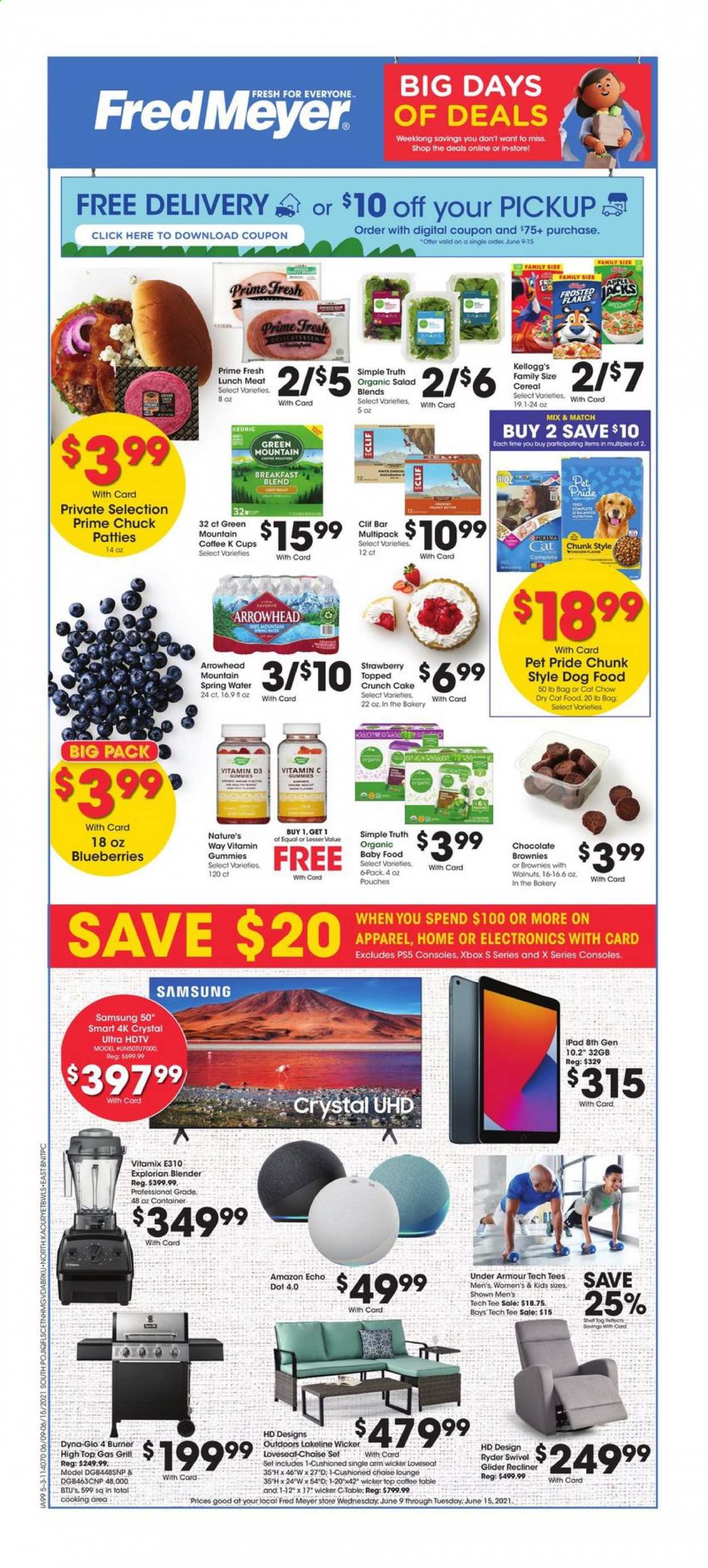 thumbnail - Fred Meyer Flyer - 06/09/2021 - 06/15/2021 - Sales products - Apple, iPad, cake, brownies, salad, blueberries, lunch meat, chocolate, Kellogg's, cereals, spring water, coffee capsules, K-Cups, Keurig, breakfast blend, Green Mountain, organic baby food, cup, animal food, cat food, dog food, dry cat food, Samsung, HDTV, Amazon Echo, vitamin c, vitamin D3. Page 1.