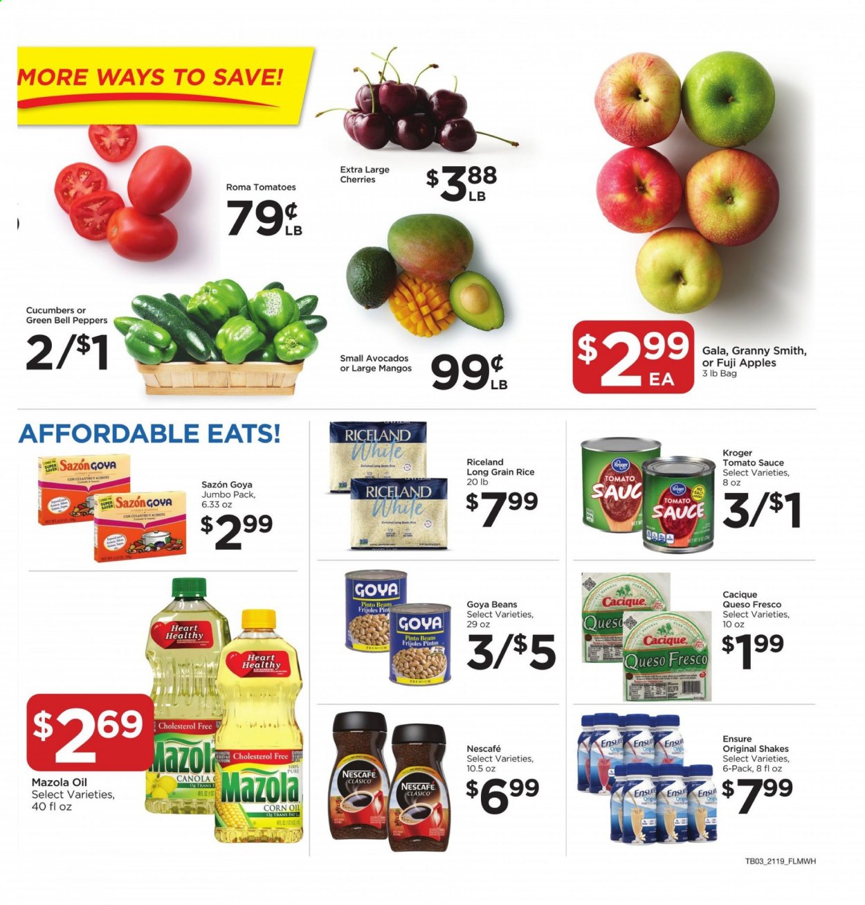 thumbnail - Food 4 Less Flyer - 06/09/2021 - 06/15/2021 - Sales products - beans, bell peppers, corn, cucumber, tomatoes, peppers, apples, avocado, Gala, mango, cherries, Fuji apple, Granny Smith, sauce, queso fresco, shake, tomato sauce, pinto beans, Goya, rice, long grain rice, corn oil, Nescafé. Page 3.