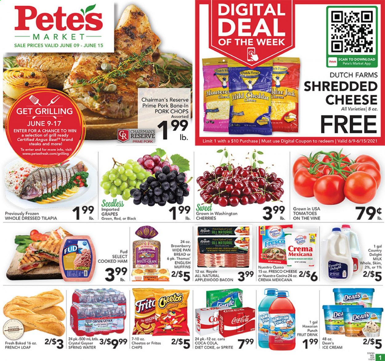 thumbnail - Pete's Fresh Market Flyer - 06/09/2021 - 06/15/2021 - Sales products - bread, english muffins, french loaf, tomatoes, grapes, cherries, tilapia, bacon, cooked ham, ham, milk, ghee, ice cream, Fritos, Cheetos, Coca-Cola, Sprite, fruit drink, Diet Coke, spring water, beef meat, steak, pork chops, pork meat. Page 1.
