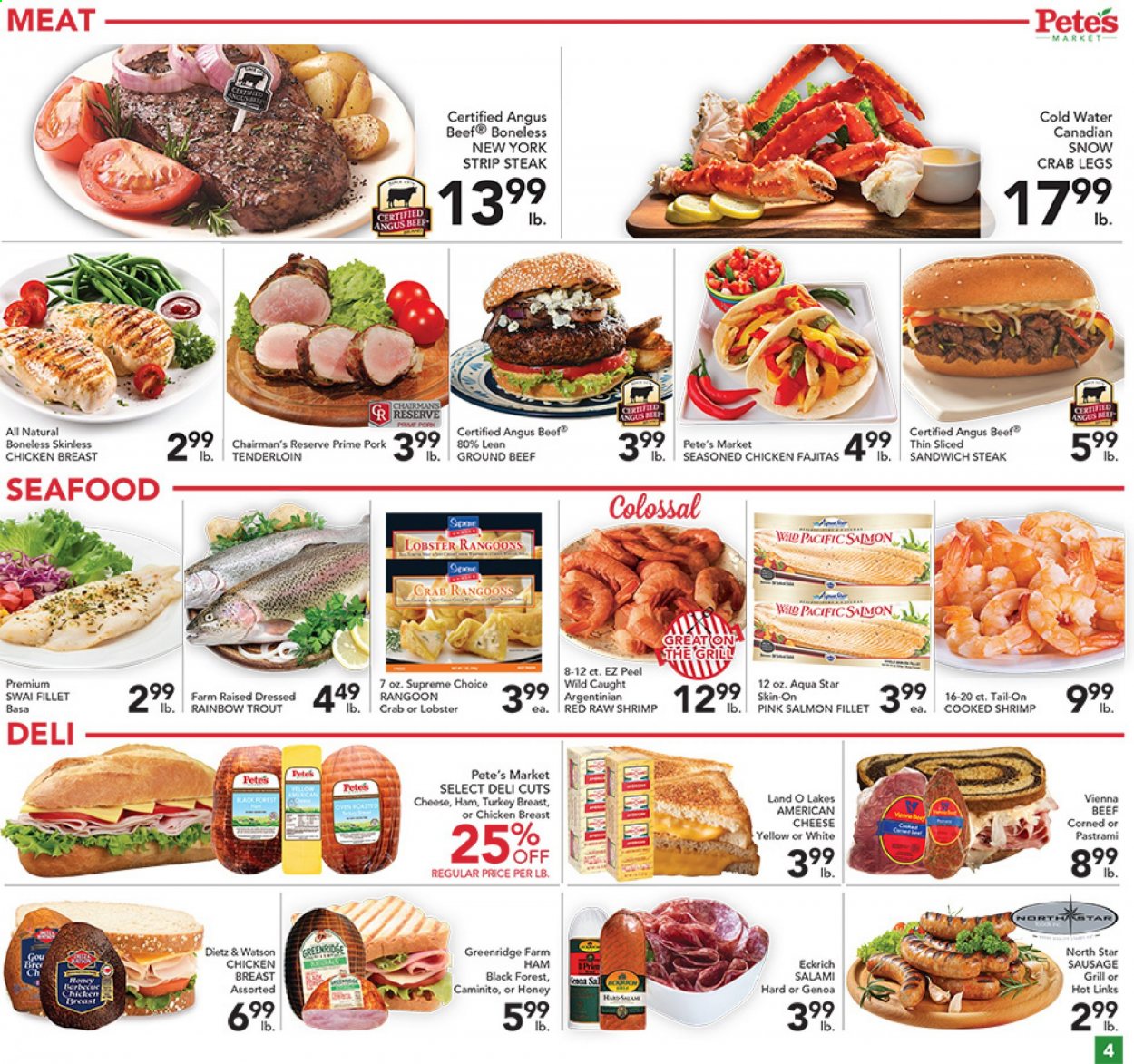 thumbnail - Pete's Fresh Market Flyer - 06/09/2021 - 06/15/2021 - Sales products - lobster, salmon, salmon fillet, trout, seafood, crab legs, crab, shrimps, swai fillet, sandwich, fajita, salami, ham, pastrami, Dietz & Watson, sausage, american cheese, cheese, turkey breast, beef meat, ground beef, steak, striploin steak, pork meat, pork tenderloin. Page 4.