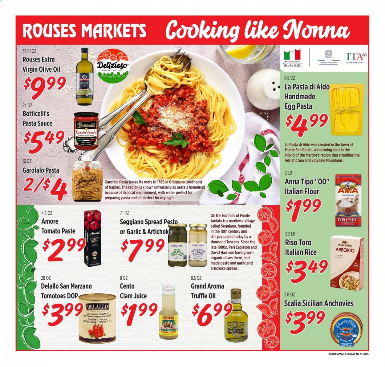 thumbnail - Rouses Markets Flyer - 05/26/2021 - 06/30/2021 - Sales products - clams, pasta sauce, sauce, flour, anchovies, tomato paste, olives, rice, penne, pesto, olive oil, oil, juice. Page 4.