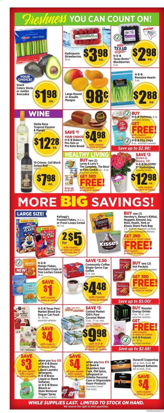 thumbnail - H-E-B Flyer - 06/09/2021 - 06/15/2021 - Sales products - pretzels, avocado, blackberries, strawberries, hot pocket, nuggets, hummus, Reese's, Hershey's, snack, KitKat, Kellogg's, chips, celery sticks, pita chips, cereals, Frosted Flakes, spice, energy drink, Monster, coconut water, Monster Energy, coffee, wine, detergent, bleach, stain remover, fabric softener, Joy, Old Spice, Head & Shoulders, Gillette, disposable razor, cup, battery, Duracell, animal food, cat food, Optimum, bag. Page 3.