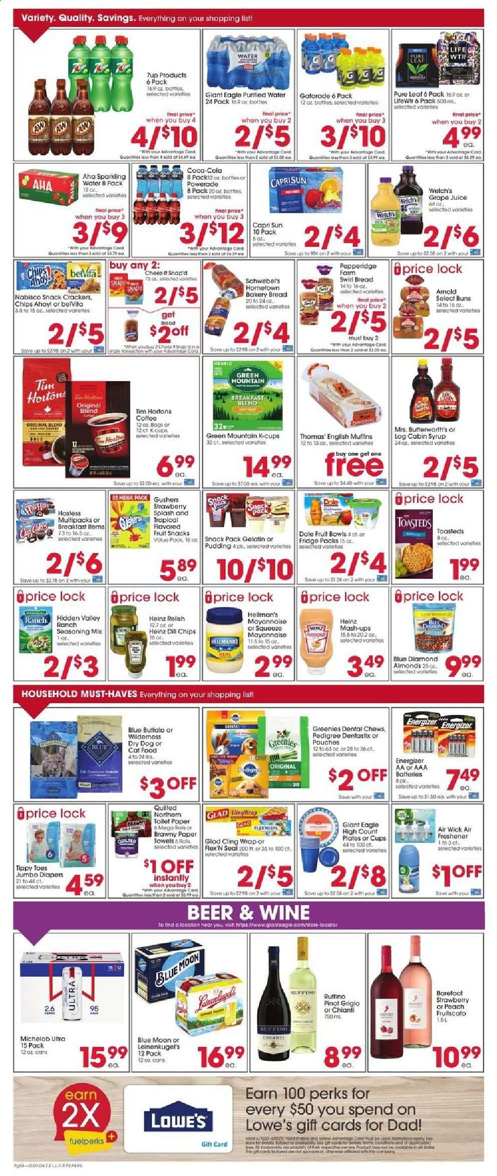thumbnail - Giant Eagle Flyer - 06/10/2021 - 06/16/2021 - Sales products - Blue Moon, Michelob, bread, english muffins, buns, Dole, Welch's, cod, pudding, mayonnaise, crackers, fruit snack, Chips Ahoy!, chips, Heinz, belVita, dill, spice, syrup, almonds, Blue Diamond, Capri Sun, Coca-Cola, Powerade, juice, 7UP, Gatorade, sparkling water, purified water, Lifewtr, Pure Leaf, coffee capsules, K-Cups, Green Mountain, white wine, wine, Pinot Grigio, Fruitscato, beer, nappies, toilet paper, kitchen towels, paper towels, plate, air freshener, Air Wick, Energizer, Greenies, animal food, cat food, Dentastix, Pedigree, gelatin, car battery, Leinenkugel's. Page 4.