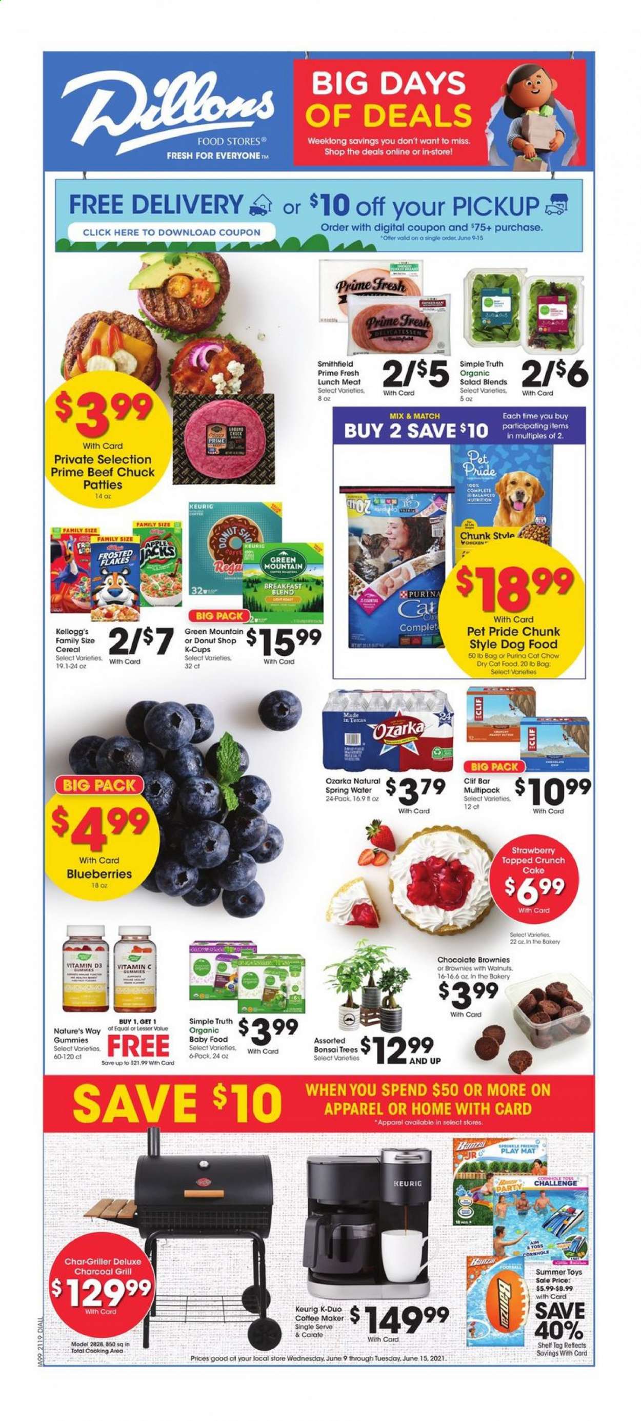 thumbnail - Dillons Flyer - 06/09/2021 - 06/15/2021 - Sales products - cake, brownies, salad, blueberries, lunch meat, chocolate, Kellogg's, cereals, spring water, coffee capsules, K-Cups, Keurig, breakfast blend, Green Mountain, organic baby food, bijzettafel, animal food, cat food, dog food, Purina, dry cat food, coffee machine, toys, bonsai tree, vitamin c, vitamin D3. Page 1.