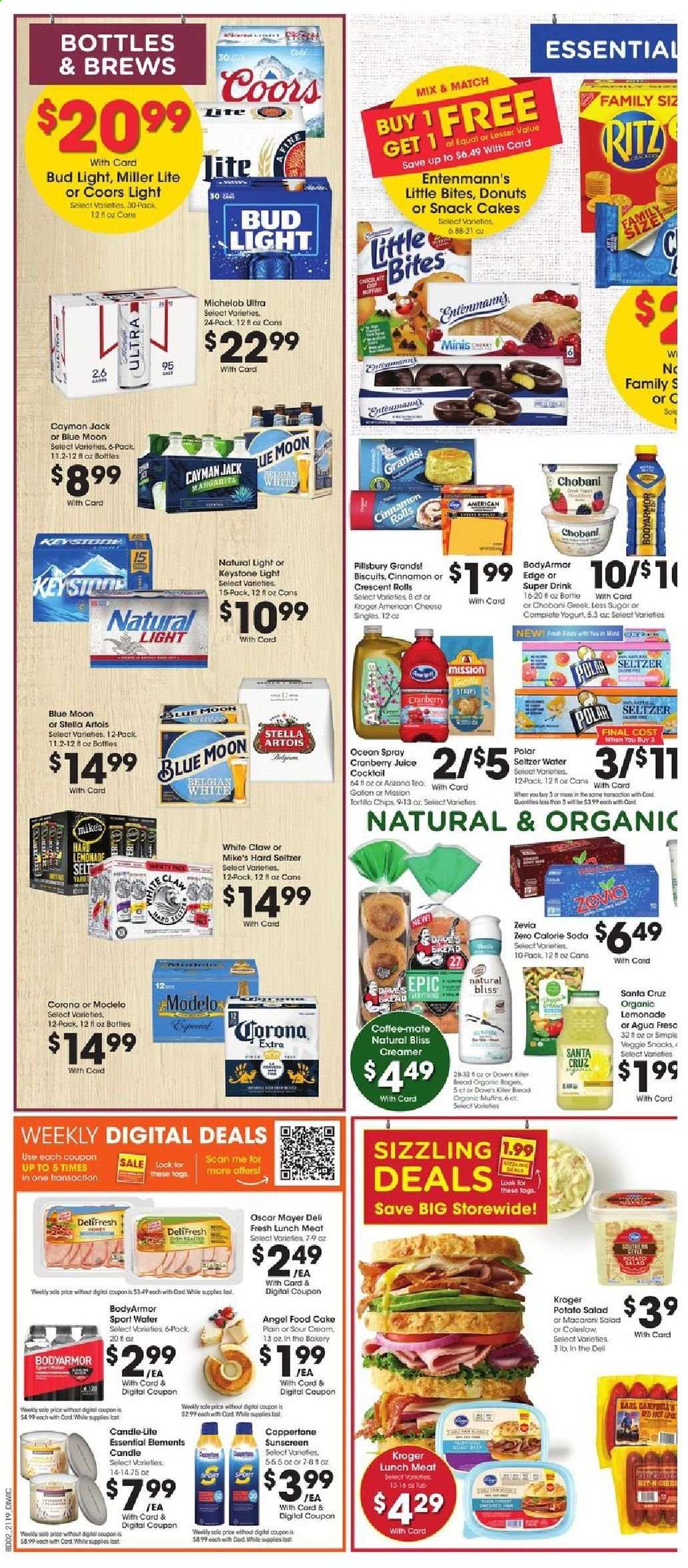 thumbnail - Dillons Flyer - 06/09/2021 - 06/15/2021 - Sales products - bread, cinnamon roll, crescent rolls, donut, Angel Food, muffin, Entenmann's, coleslaw, macaroni, Pillsbury, Oscar Mayer, potato salad, lunch meat, american cheese, cheese, yoghurt, Chobani, Coffee-Mate, sour cream, creamer, strips, biscuit, Little Bites, RITZ, tortilla chips, chips, honey, cranberry juice, lemonade, soda, juice, AriZona, tea, White Claw, Hard Seltzer, beer, Miller Lite, Stella Artois, Coors, Blue Moon, Michelob, Bud Light, Corona Extra, Keystone, Modelo, Dove, candle. Page 5.