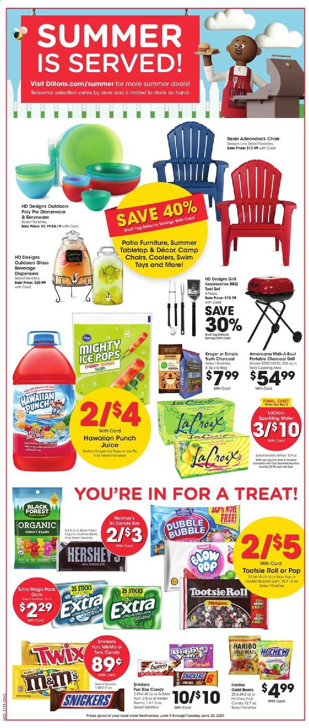 thumbnail - Dillons Flyer - 06/09/2021 - 06/15/2021 - Sales products - mango, cherries, Hershey's, milk chocolate, Haribo, Snickers, Twix, bubblegum, M&M's, Kinder Bueno, juice, sparkling water, dinnerware set, serveware, Shell. Page 12.