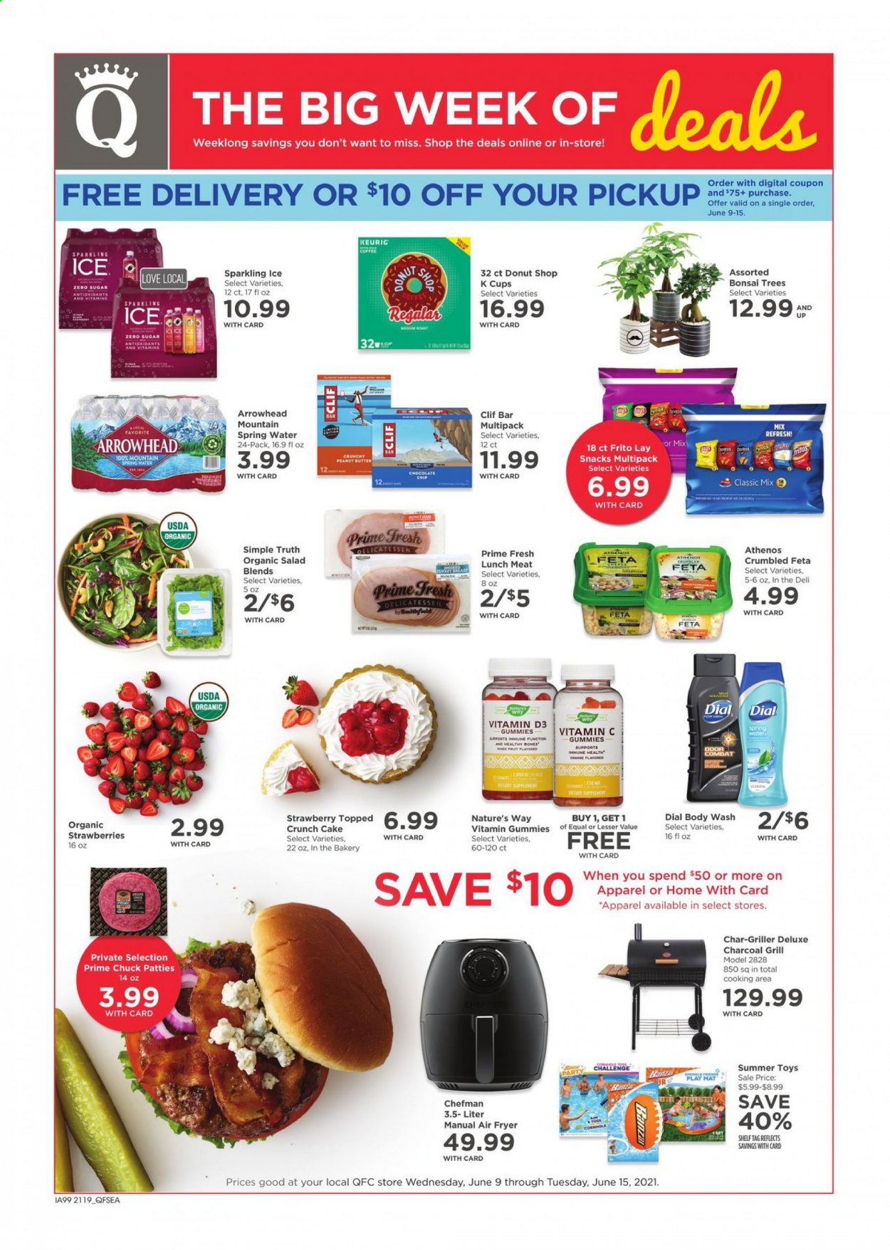 thumbnail - QFC Flyer - 06/09/2021 - 06/15/2021 - Sales products - cake, salad, strawberries, lunch meat, feta, chocolate chips, snack, peanut butter, spring water, coffee, coffee capsules, K-Cups, Keurig, body wash, Dial, cup, Chefman, air fryer, toys, grill. Page 1.