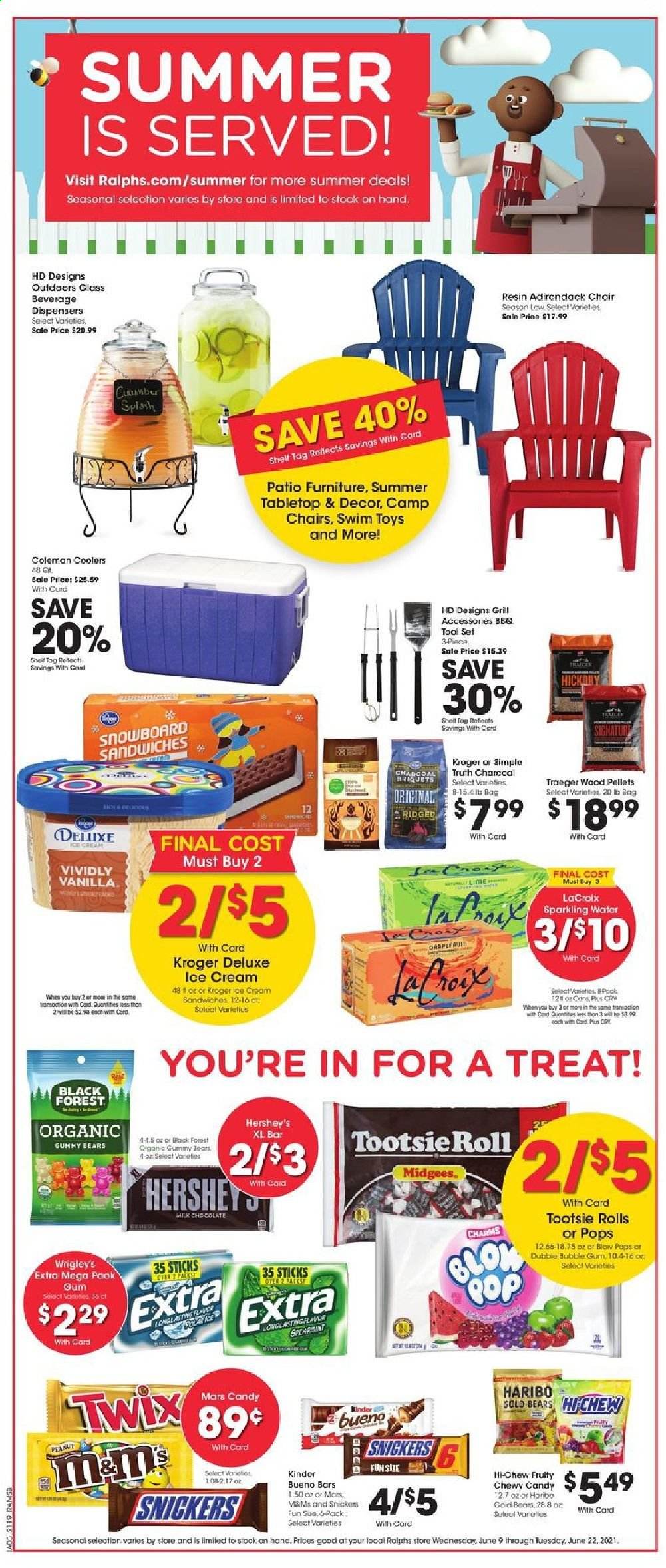 thumbnail - Ralphs Flyer - 06/09/2021 - 06/15/2021 - Sales products - sandwich, ice cream, Hershey's, milk chocolate, Haribo, Snickers, Twix, Mars, bubblegum, Kinder Bueno, sparkling water, bag, grill, briquettes, charcoal. Page 12.
