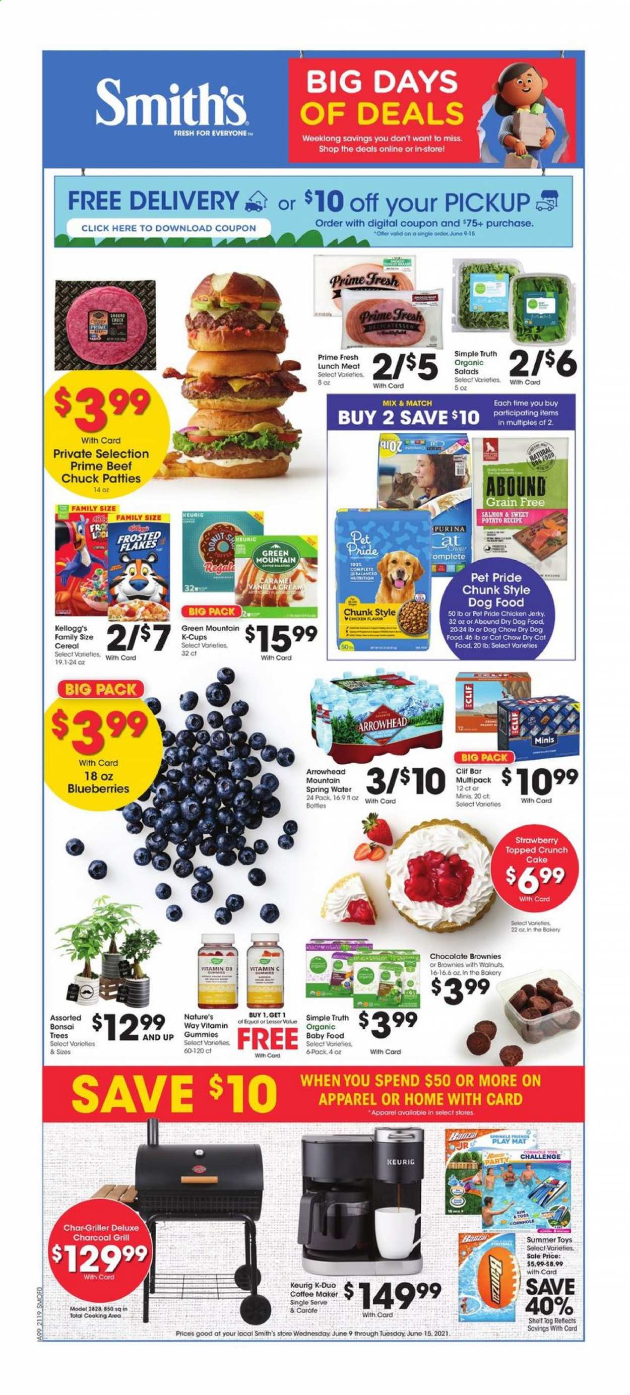 thumbnail - Smith's Flyer - 06/09/2021 - 06/15/2021 - Sales products - cake, brownies, blueberries, jerky, lunch meat, chocolate, Kellogg's, Smith's, cereals, Frosted Flakes, caramel, spring water, coffee capsules, K-Cups, Keurig, Green Mountain, organic baby food, bijzettafel, animal food, cat food, dog food, Dog Chow, Purina, dry dog food, dry cat food, grill, vitamin c, vitamin D3. Page 1.