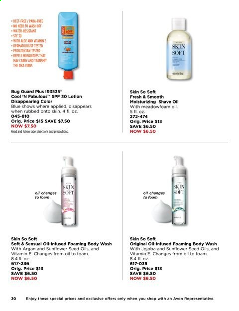 thumbnail - Avon Flyer - 06/08/2021 - 06/21/2021 - Sales products - body wash, Avon, Skin So Soft, body lotion, shave oil. Page 30.