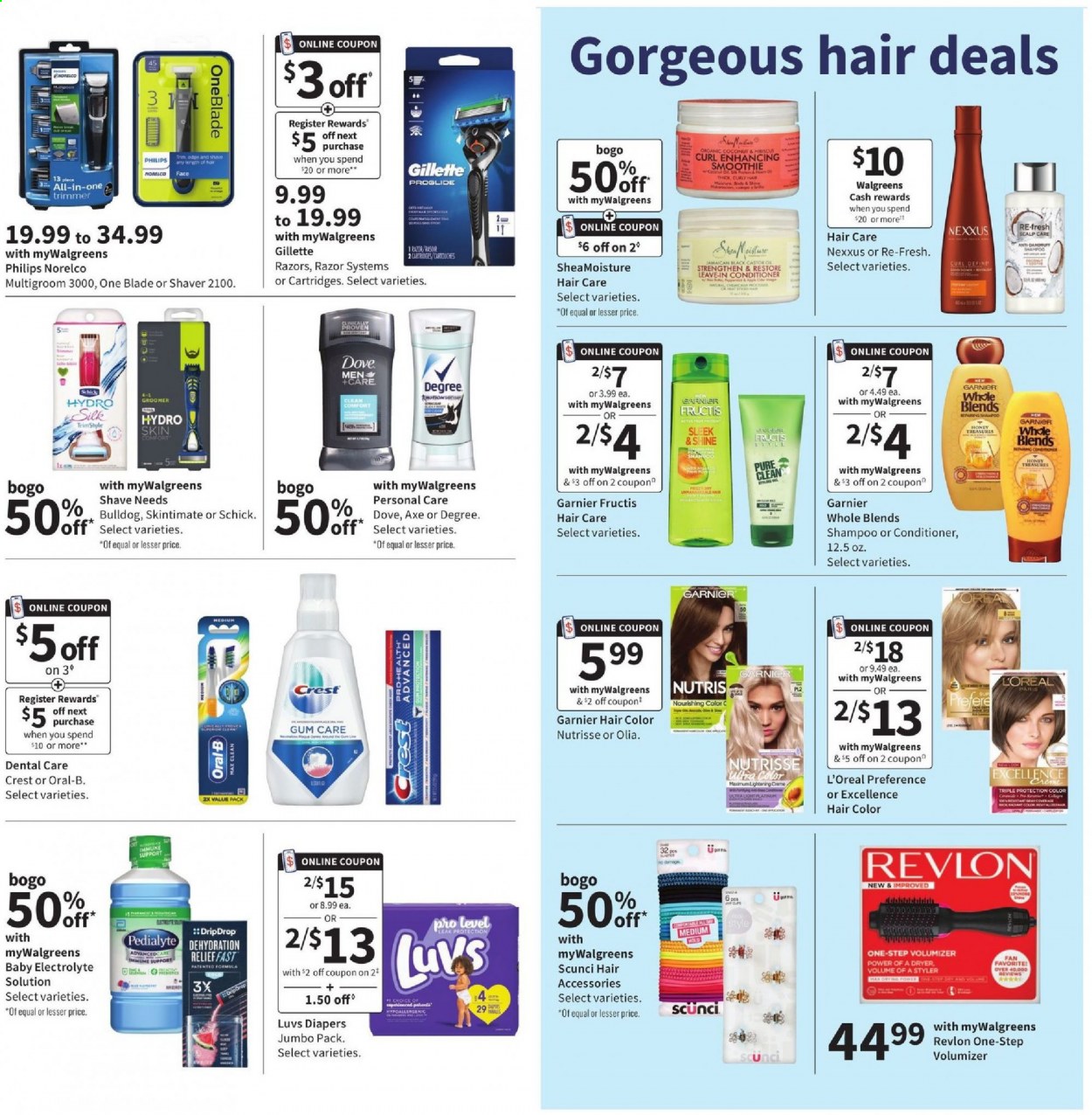 thumbnail - Walgreens Flyer - 06/13/2021 - 06/19/2021 - Sales products - Silk, honey, smoothie, nappies, Dove, shampoo, Oral-B, Crest, Garnier, L’Oréal, conditioner, Revlon, hair color, Nexxus, Scünci, Fructis, Gillette, razor, Schick, shaver, Philips. Page 12.