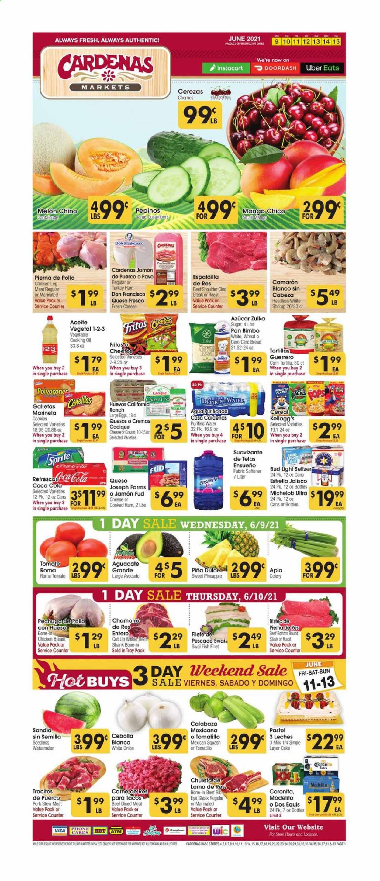 thumbnail - Cardenas Flyer - 06/09/2021 - 06/15/2021 - Sales products - stew meat, bread, tortillas, cantaloupe, celery, cucumber, tomatillo, tomatoes, sleeved celery, mexican squash, avocado, mango, watermelon, pineapple, cherries, fish fillets, fish, shrimps, swai fillet, cooked ham, ham, queso fresco, milk, large eggs, cookies, Kellogg's, Fritos, Cheetos, sugar, cereals, oil, Coca-Cola, Sprite, purified water, Hard Seltzer, beer, Dos Equis, Michelob, Bud Light, chicken breasts, chicken legs, beef meat, steak, round steak, ribeye steak, fabric softener, pan, melons. Page 1.